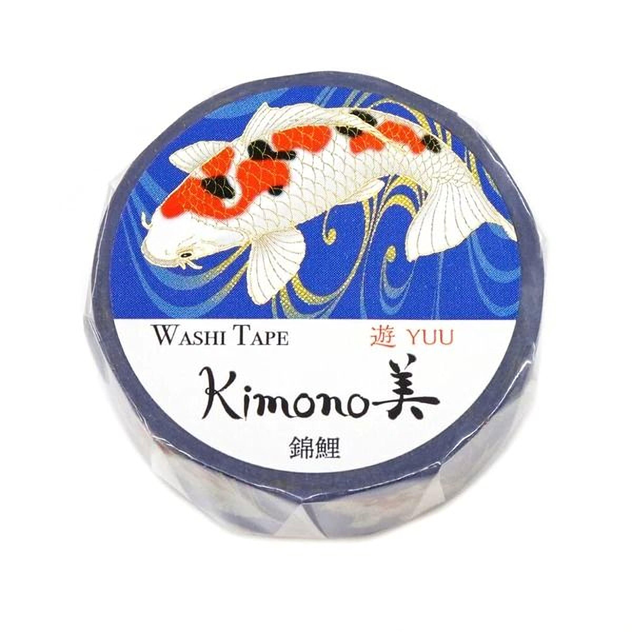 a round blue and white label with a koi fish design, which appears to be a product label for a Japanese brand of washi tape.