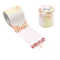 a roll of decorative tape with a floral pattern and a cylindrical container with a lid, both placed on a white background.