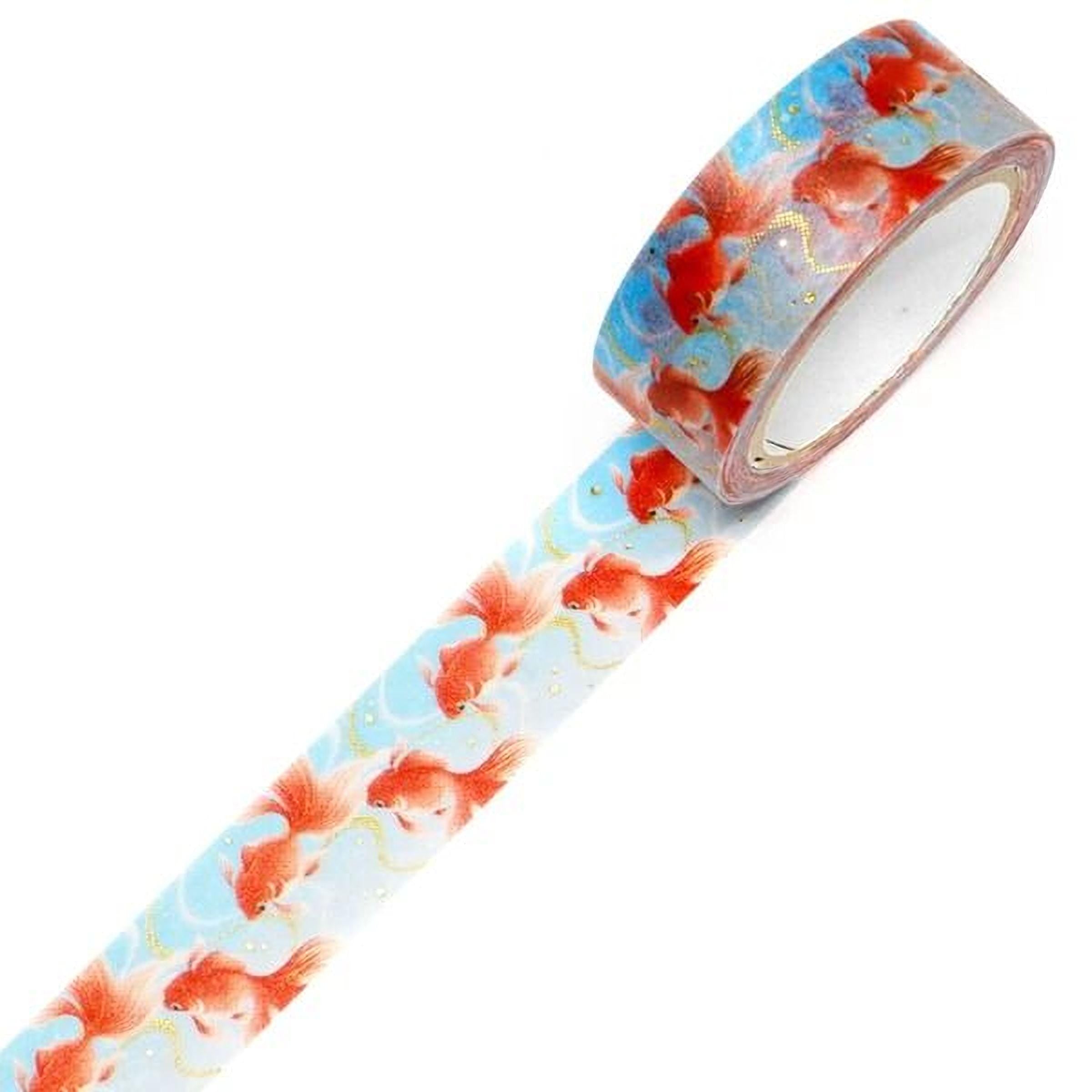 A roll of blue and red fish-themed tape with a repeating pattern of fish on a light blue background.