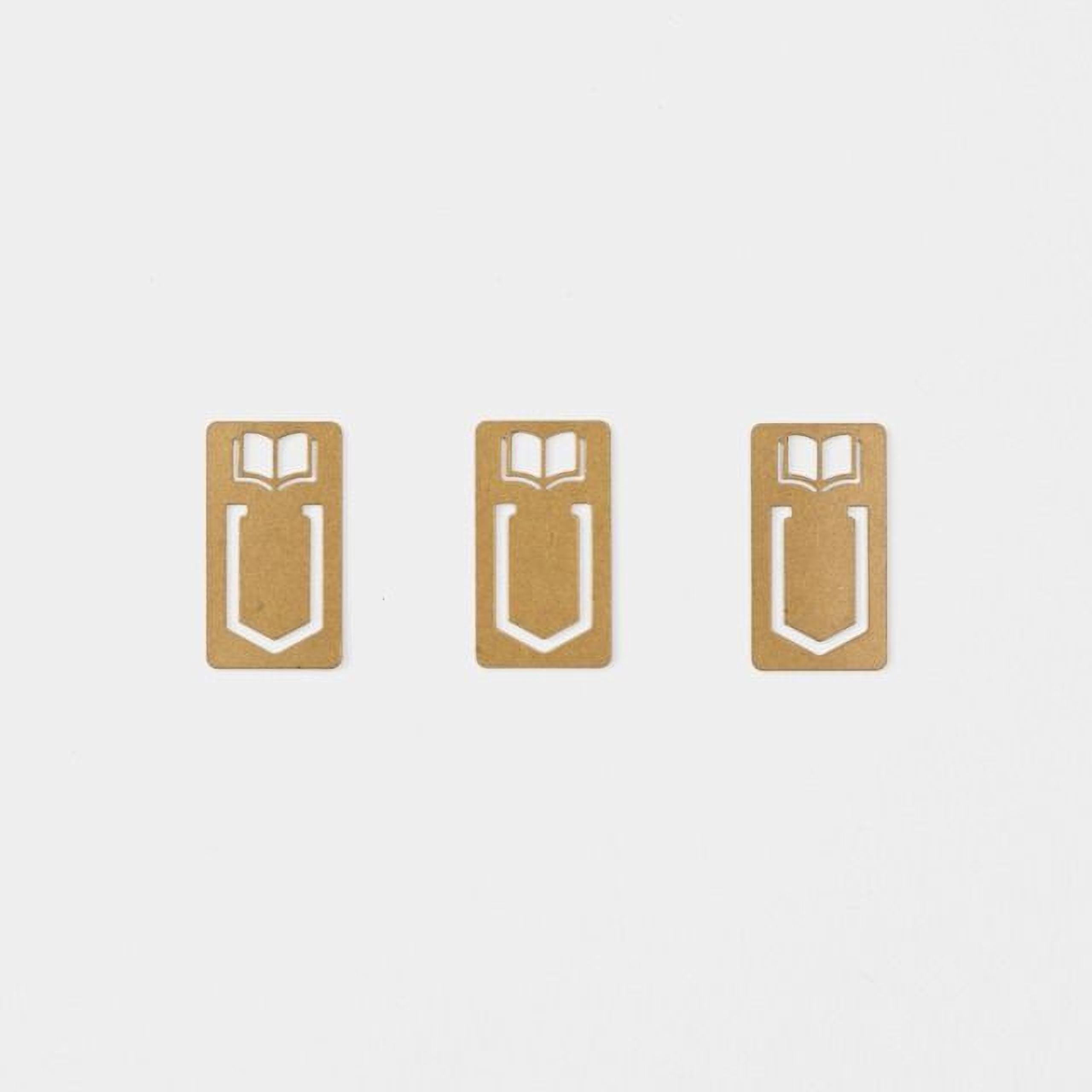 Three identical gold-colored bookmarks with white book icons on a white background.