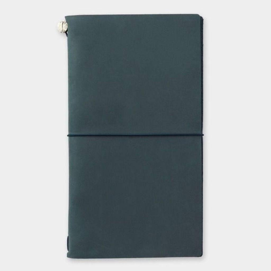a dark green notebook or binder with a black band around the top edge, sitting against a white background.