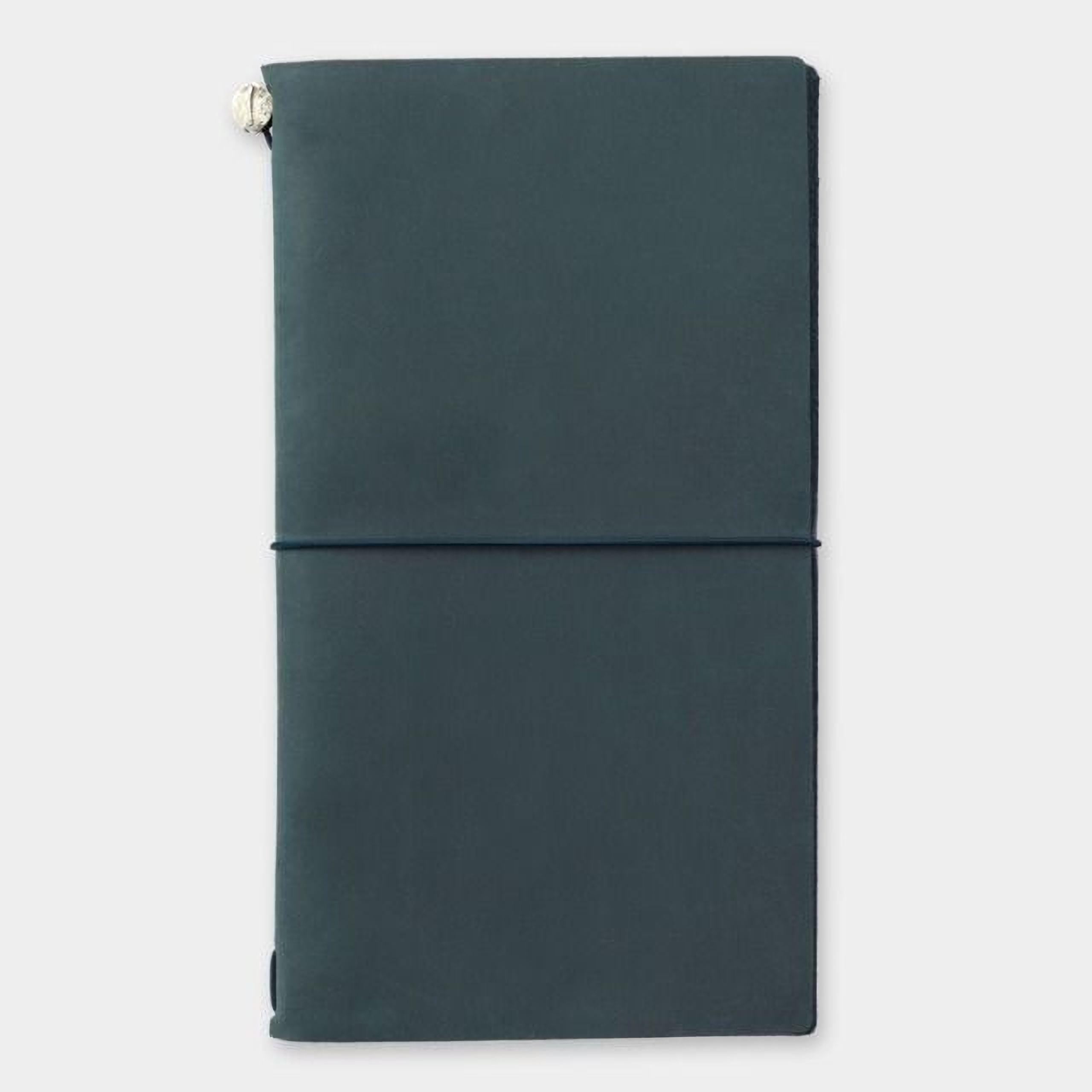 a dark green notebook or binder with a black band around the top edge, sitting against a white background.