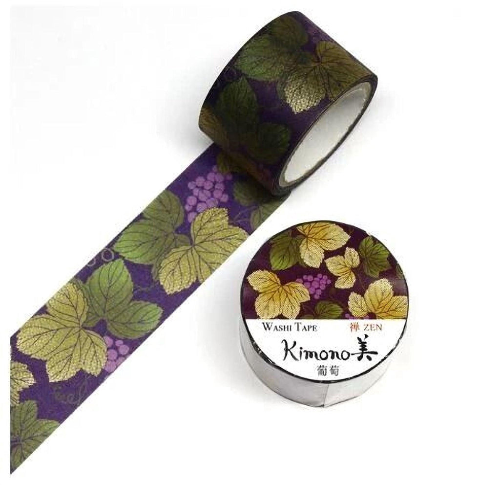 a roll of washable washi tape with a leafy pattern in shades of green and purple, and a round container with a label that reads "Kimono" and "WASHI TAPE" printed on it.