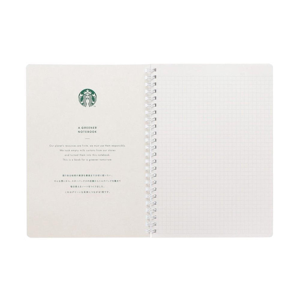 The image is a page from a spiral-bound notebook with a grid layout, featuring text and a Starbucks logo.
