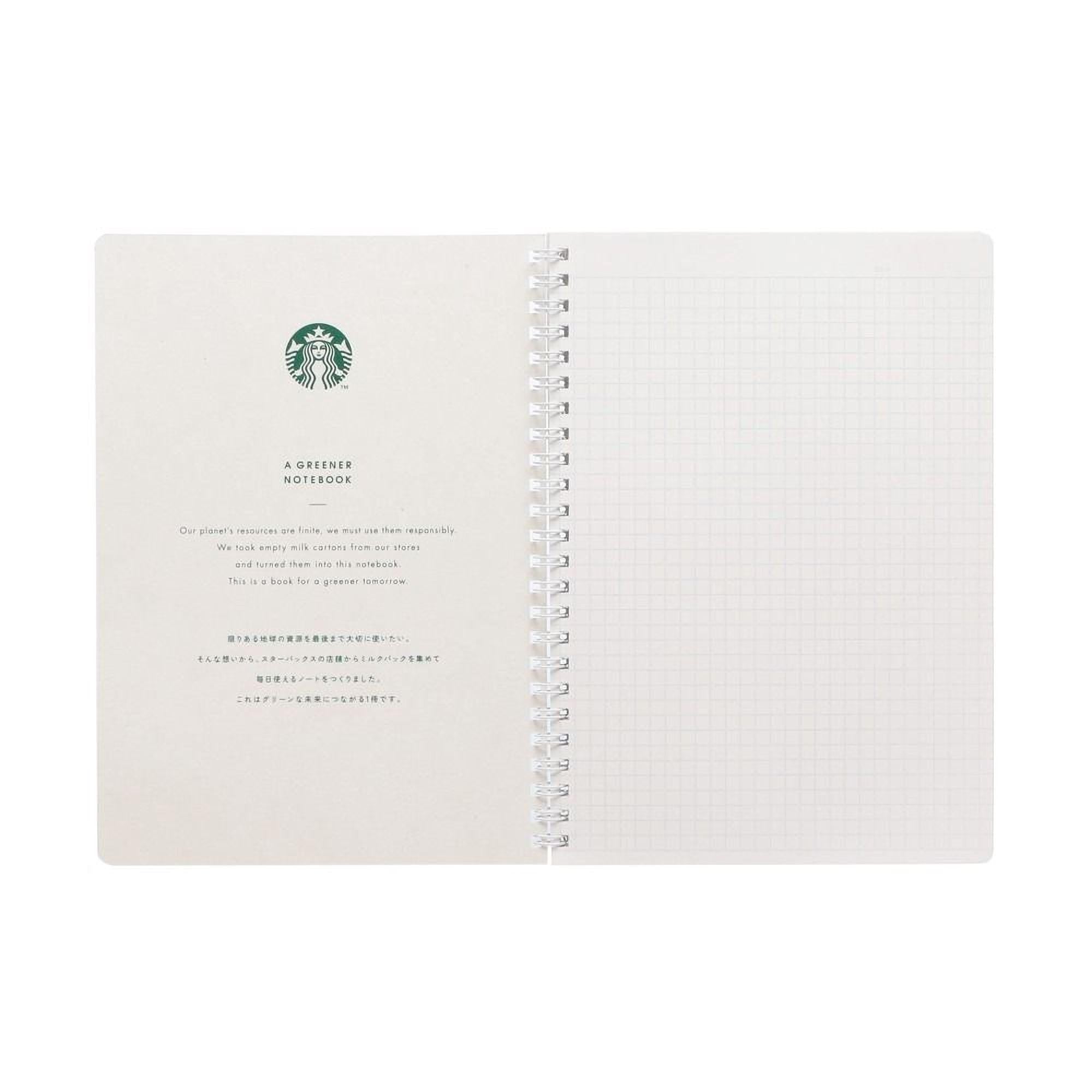 The image is a page from a spiral-bound notebook with a grid layout, featuring text and a Starbucks logo.