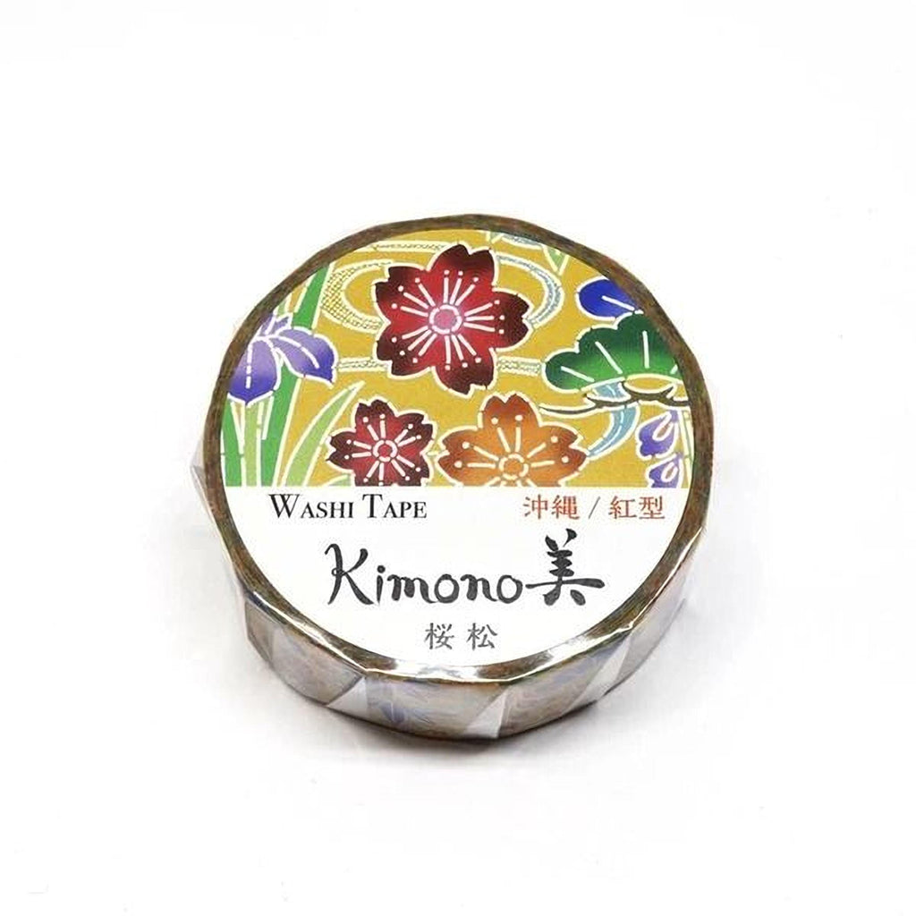 A round, decorative roll of washi tape with a floral pattern and text in Japanese.