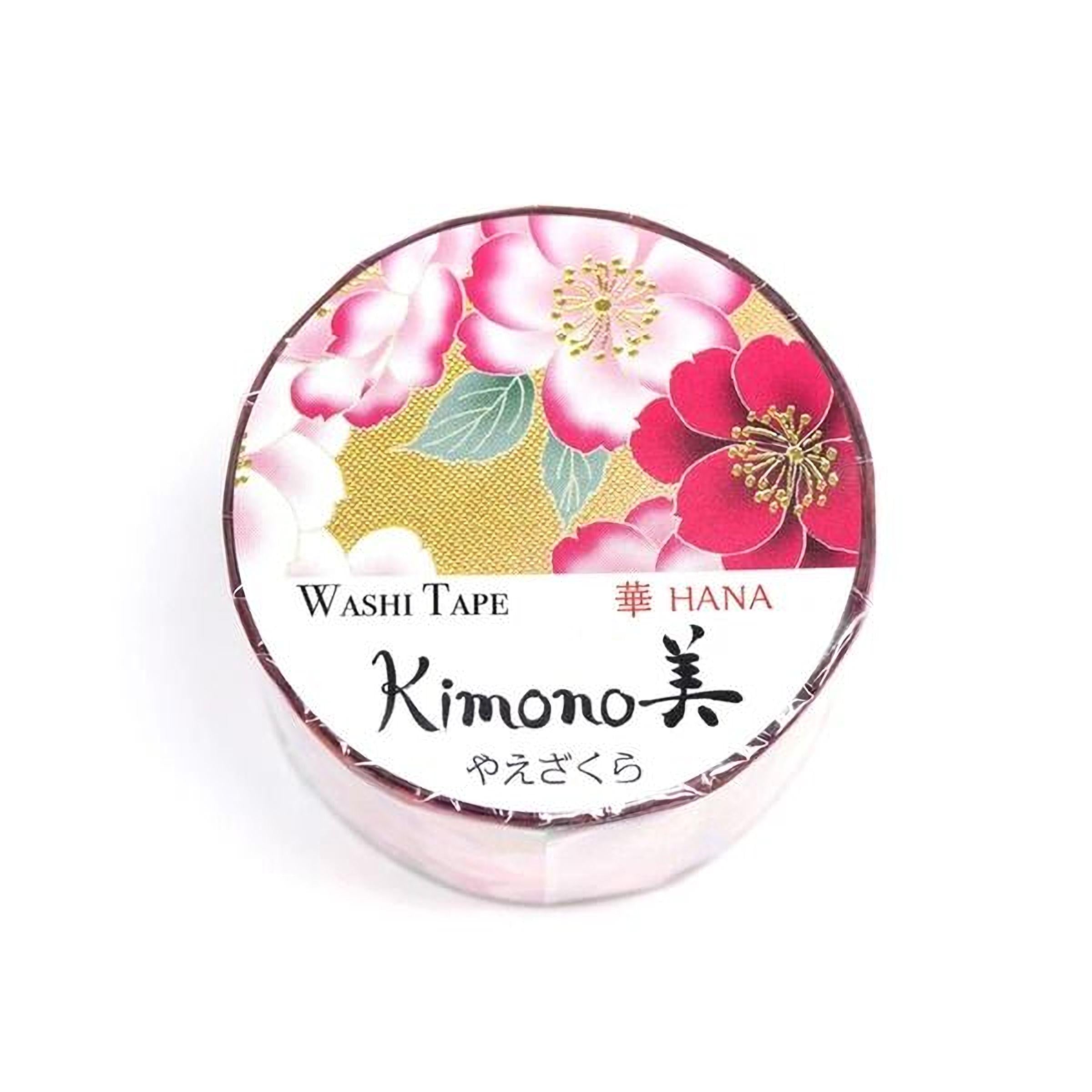 A round, white container with a floral design and text in Japanese.