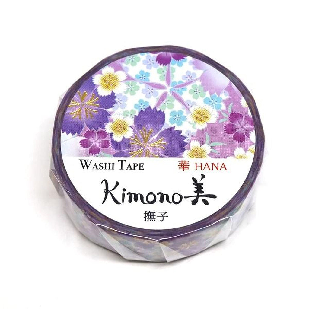 A round, purple, and white washi tape roll with a floral pattern.