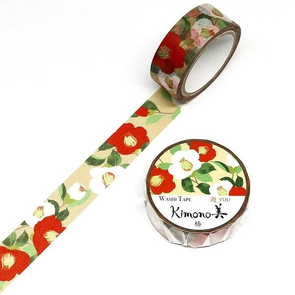 two rolls of washable tape with a floral pattern, including red and white flowers, and a round container with the text "Kimono" printed on it.