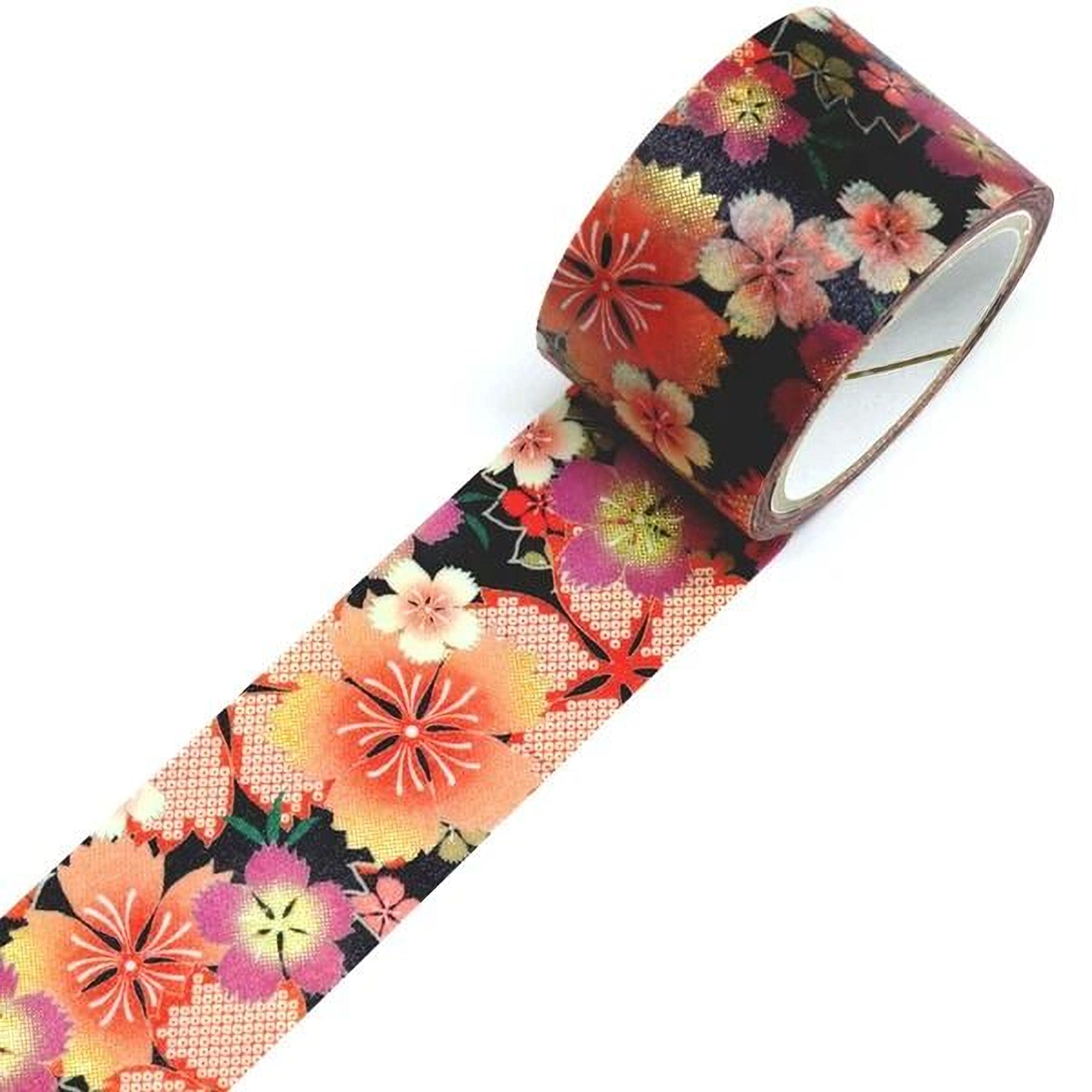A roll of floral patterned tape is shown against a white background.