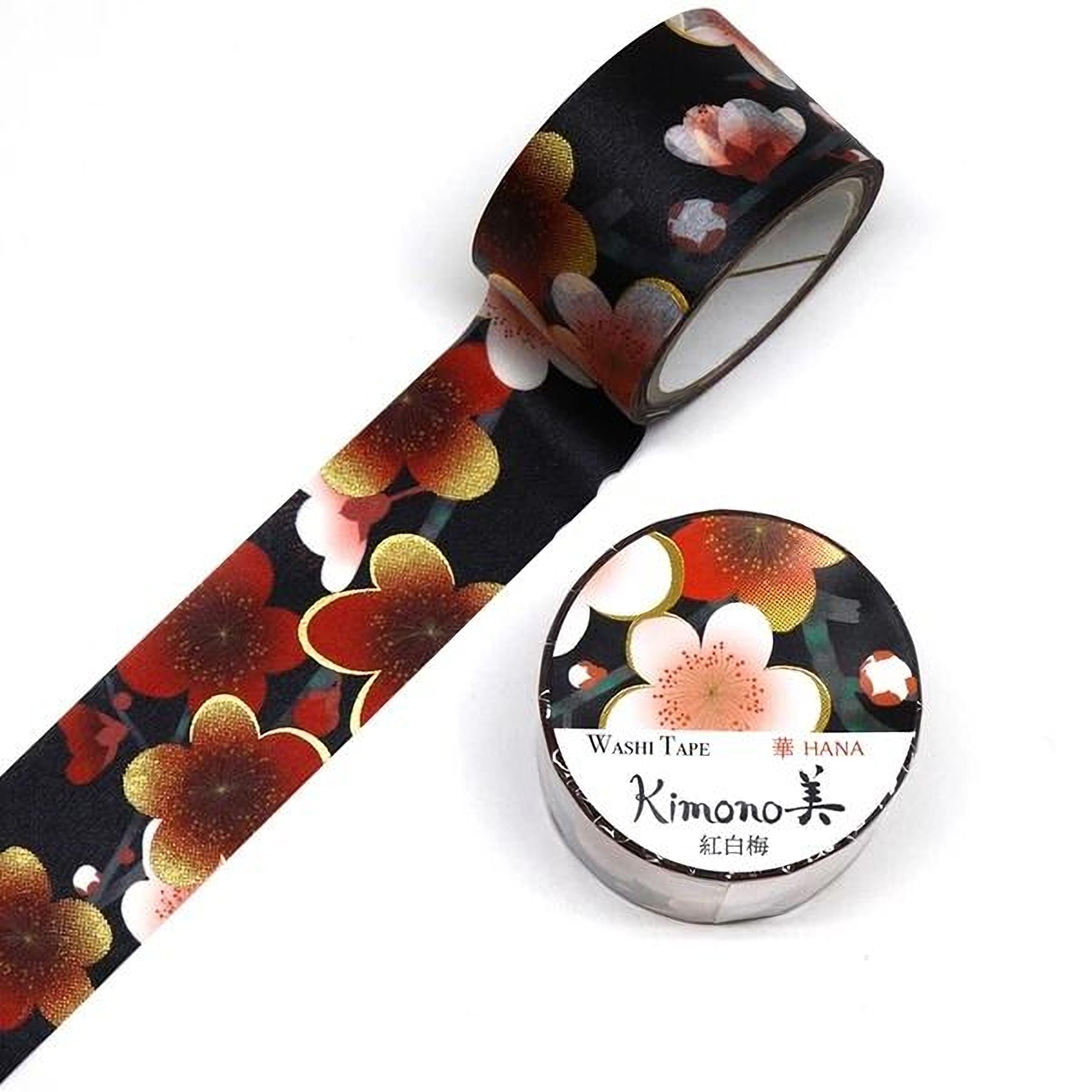 a roll of black and red floral patterned washi tape and a round container of the same type of tape.
