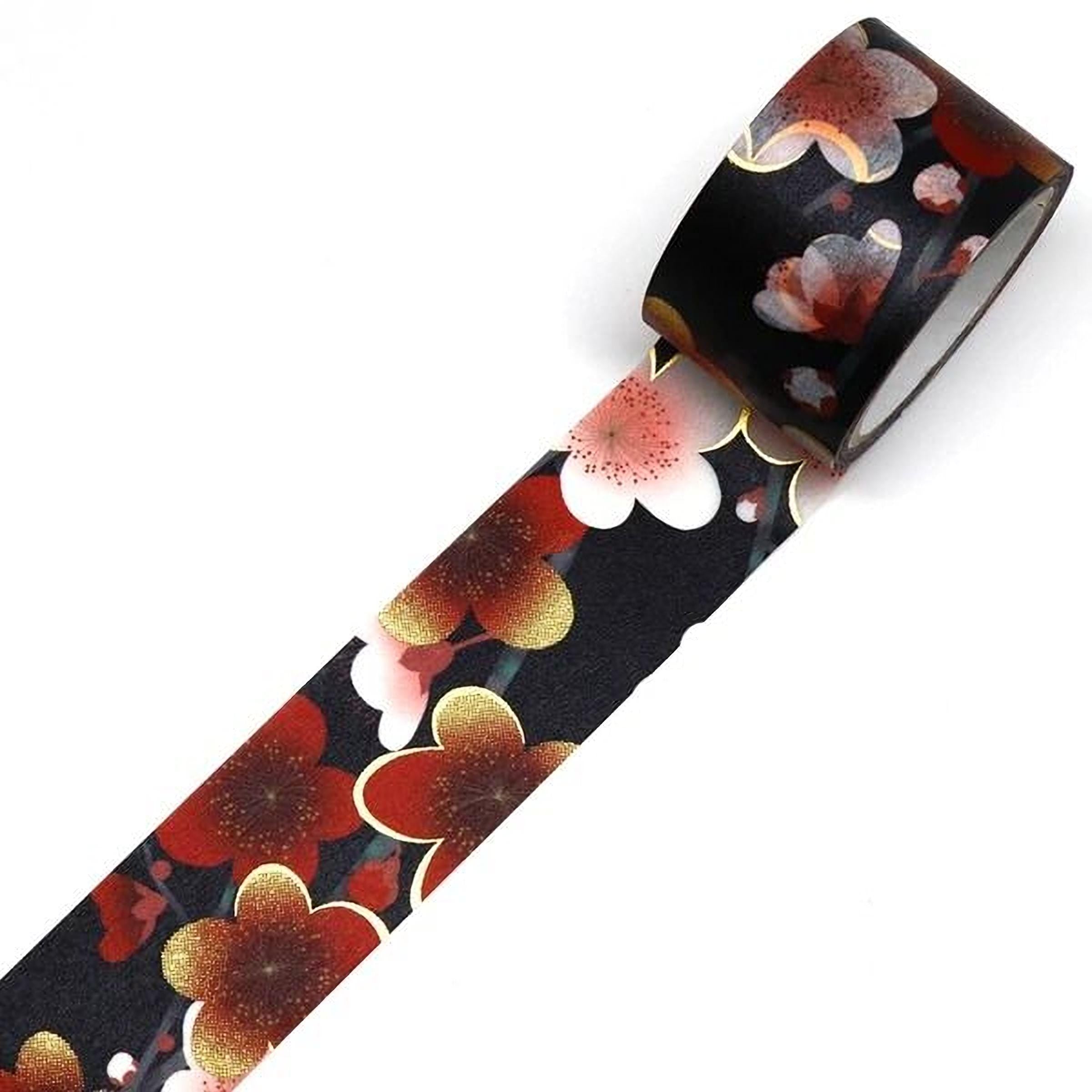 A roll of black and red floral pattern tape is shown against a white background.