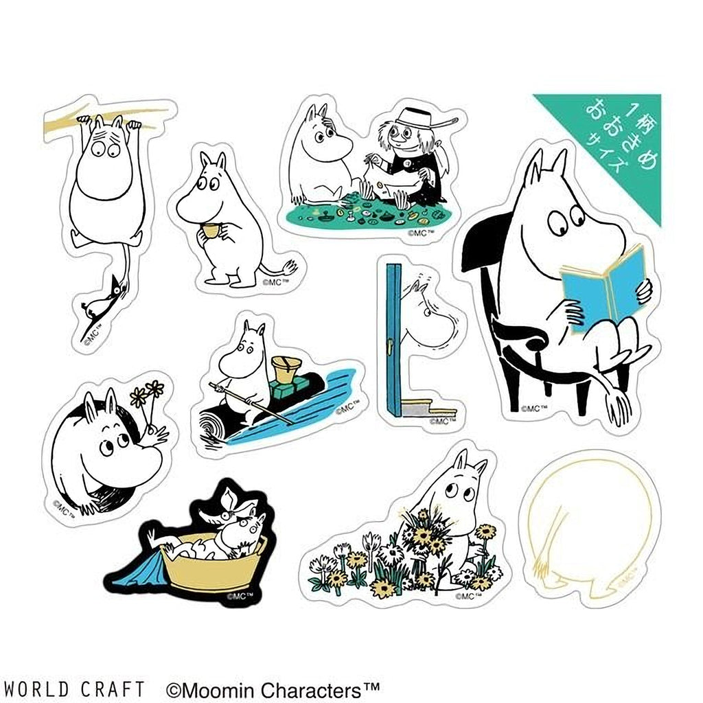 a collection of stickers featuring various Moomin characters engaged in different activities, such as reading, playing, and interacting with each other.