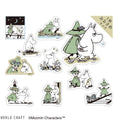 a collection of cartoon character stickers, including Moomin characters, arranged in a grid-like pattern.