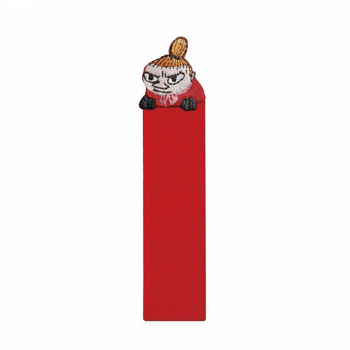 A red vertical bookmark with a cartoon character on top.