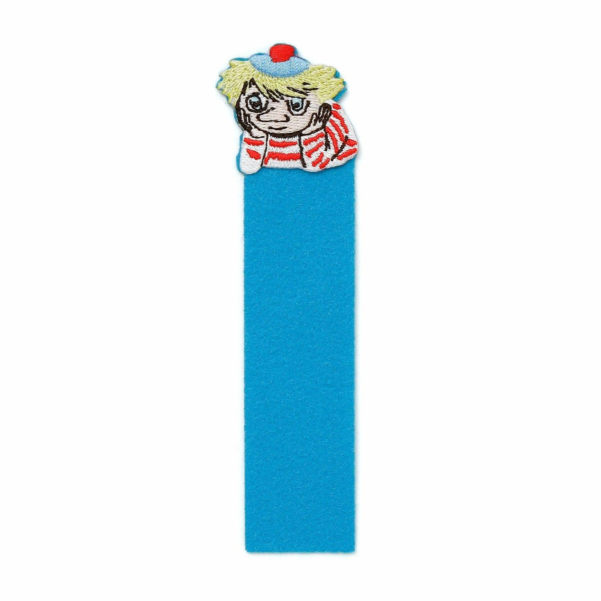 A blue felt bookmark with a cartoon character on it.