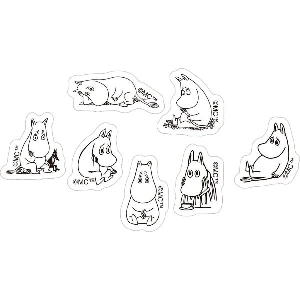 a collection of seven stickers depicting various cartoon-style animals, including a character that appears to be a character from the Moomo series.