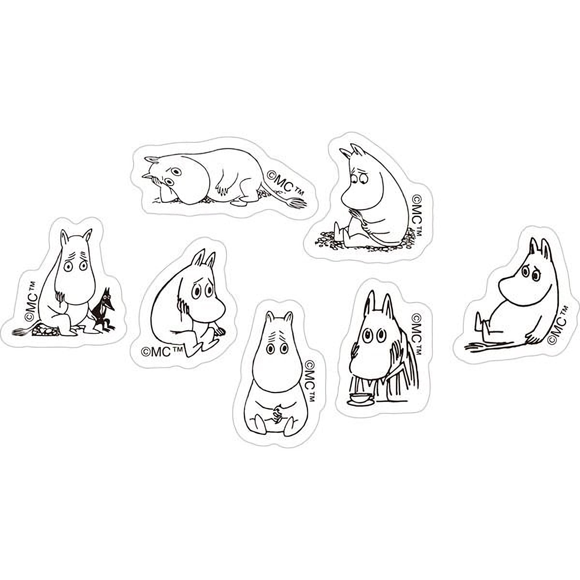a collection of seven stickers depicting various cartoon-style animals, including a character that appears to be a character from the Moomo series.