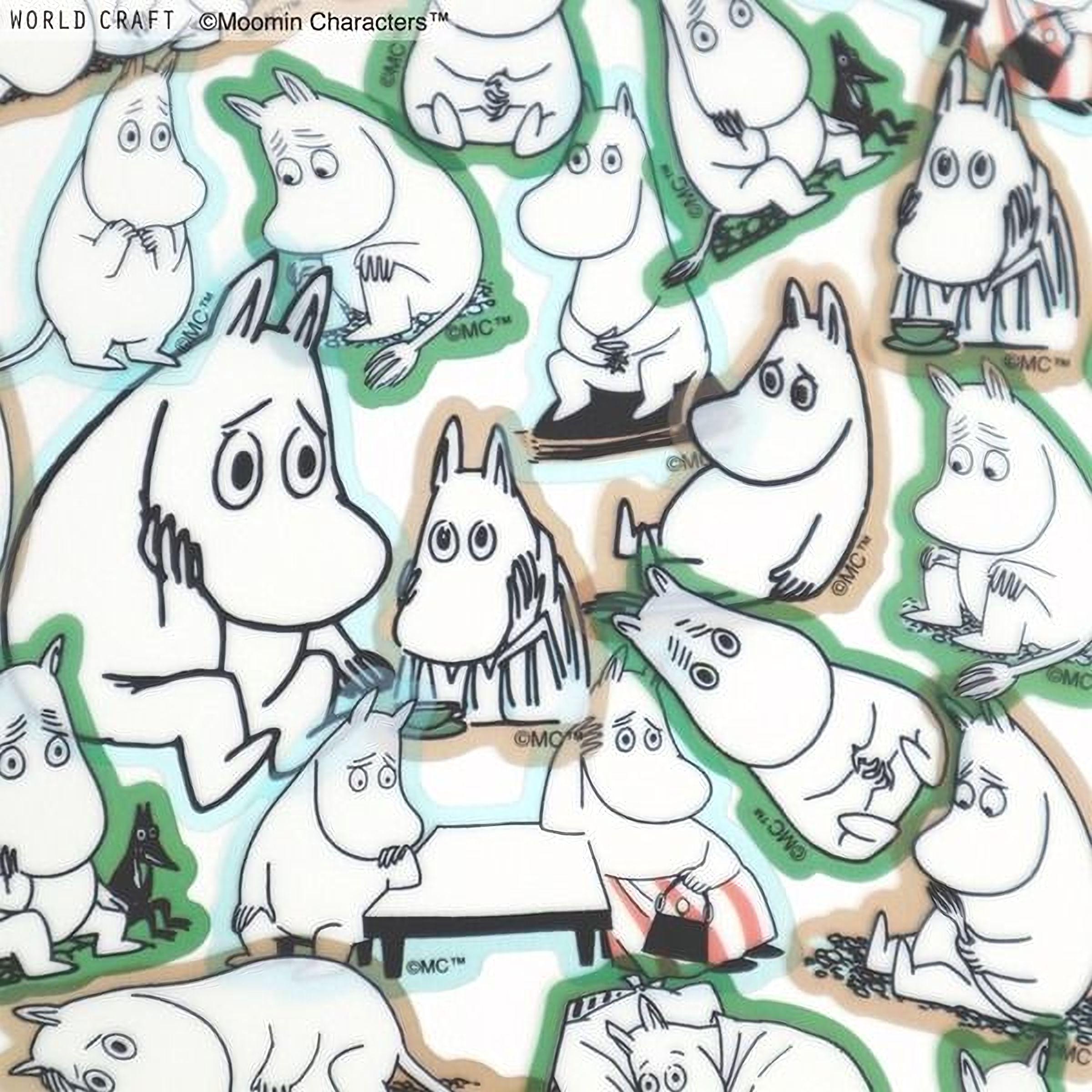 a collage of various cartoon character stickers, including Moomin characters, arranged in a visually appealing manner.