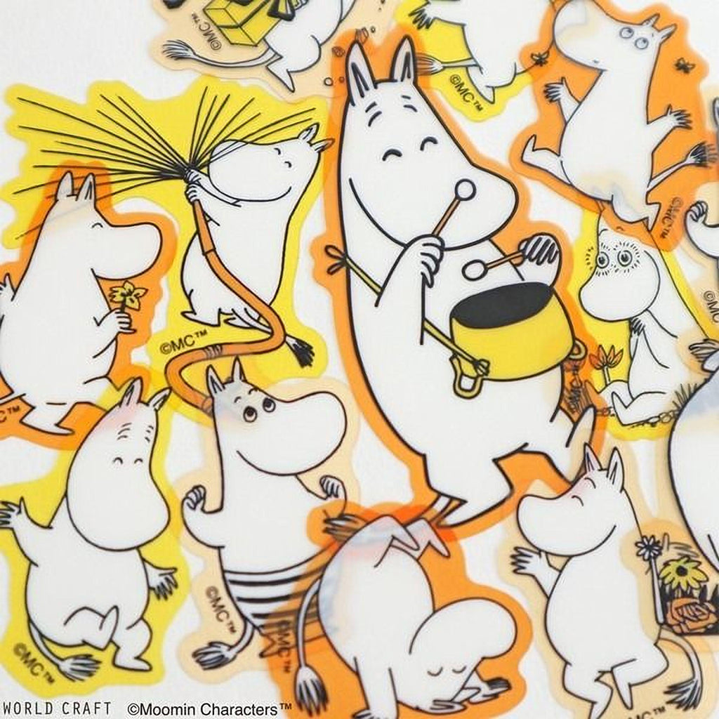 The image is a collage of various cartoon characters, including Moomin characters, arranged in a playful and colorful manner.