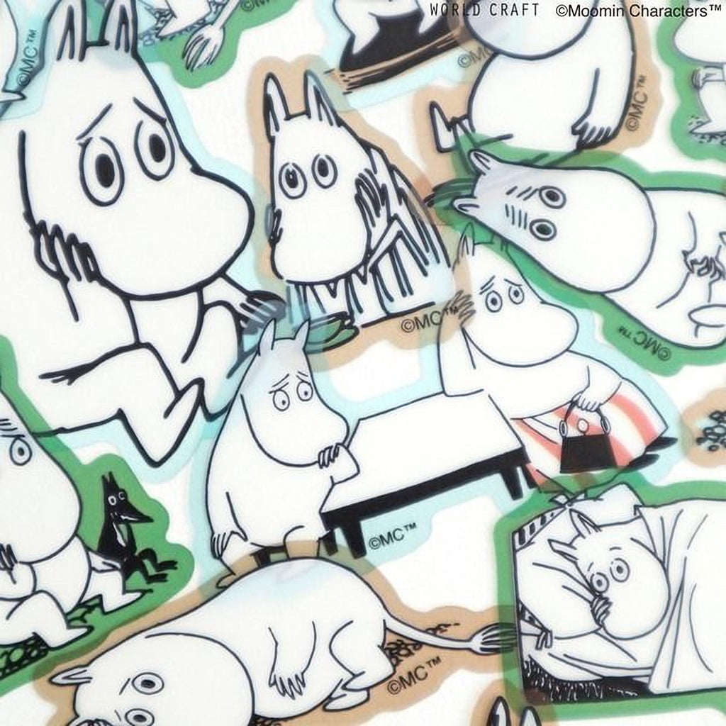 a collage of various cartoon character stickers, including Moomins, arranged in a visually interesting and playful manner.