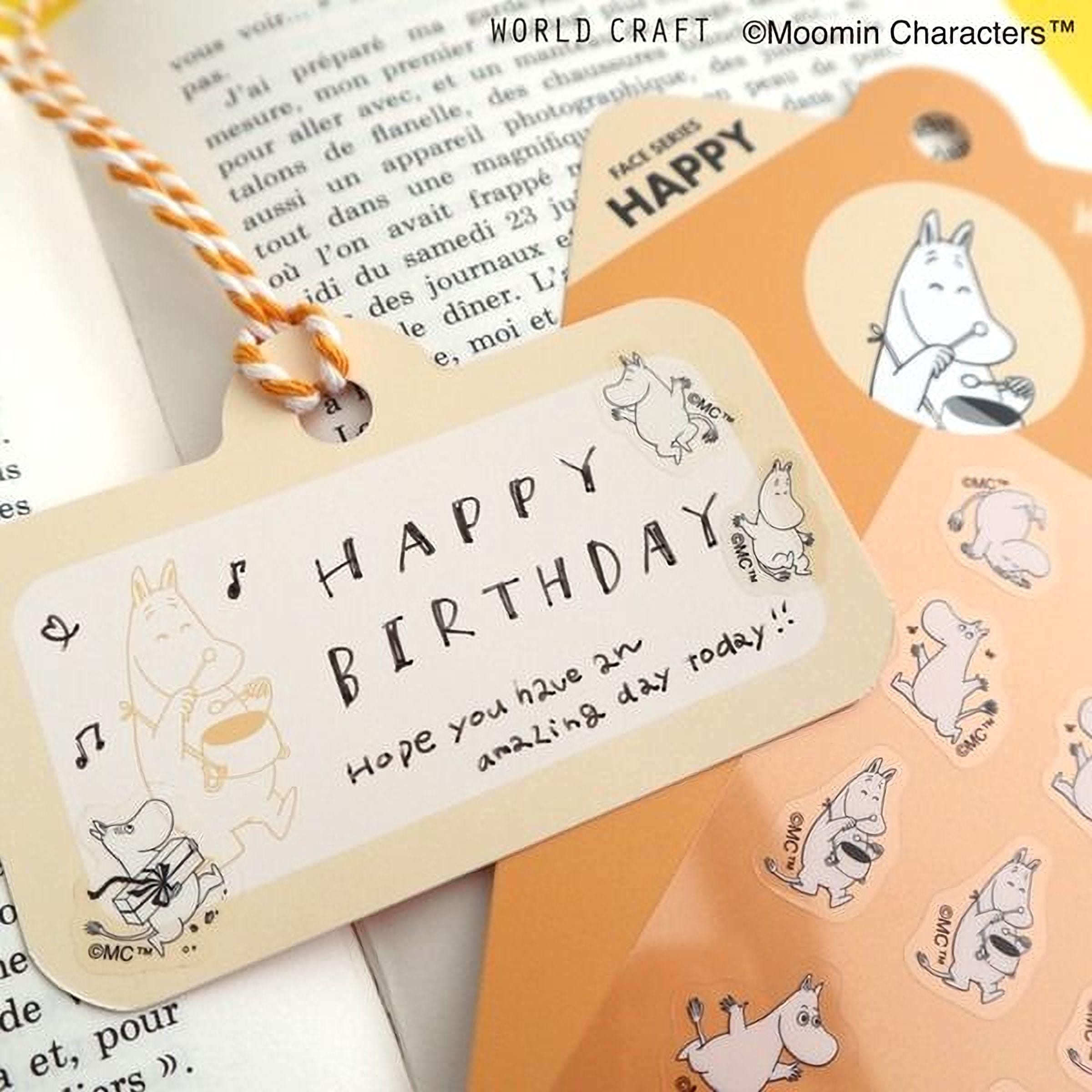 a birthday card with a happy birthday message and a small Moomin character illustration.