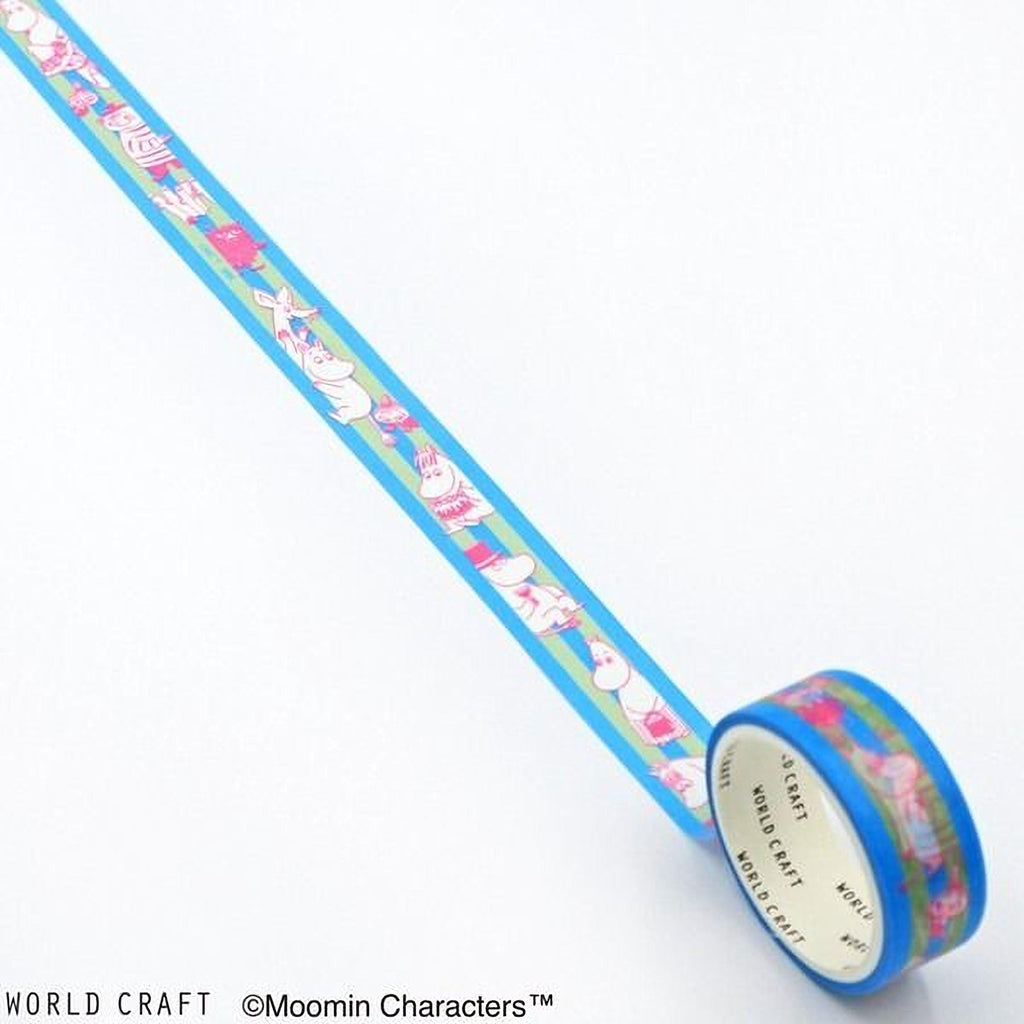 A roll of blue and green patterned tape with a repeating design of cartoon characters on it.