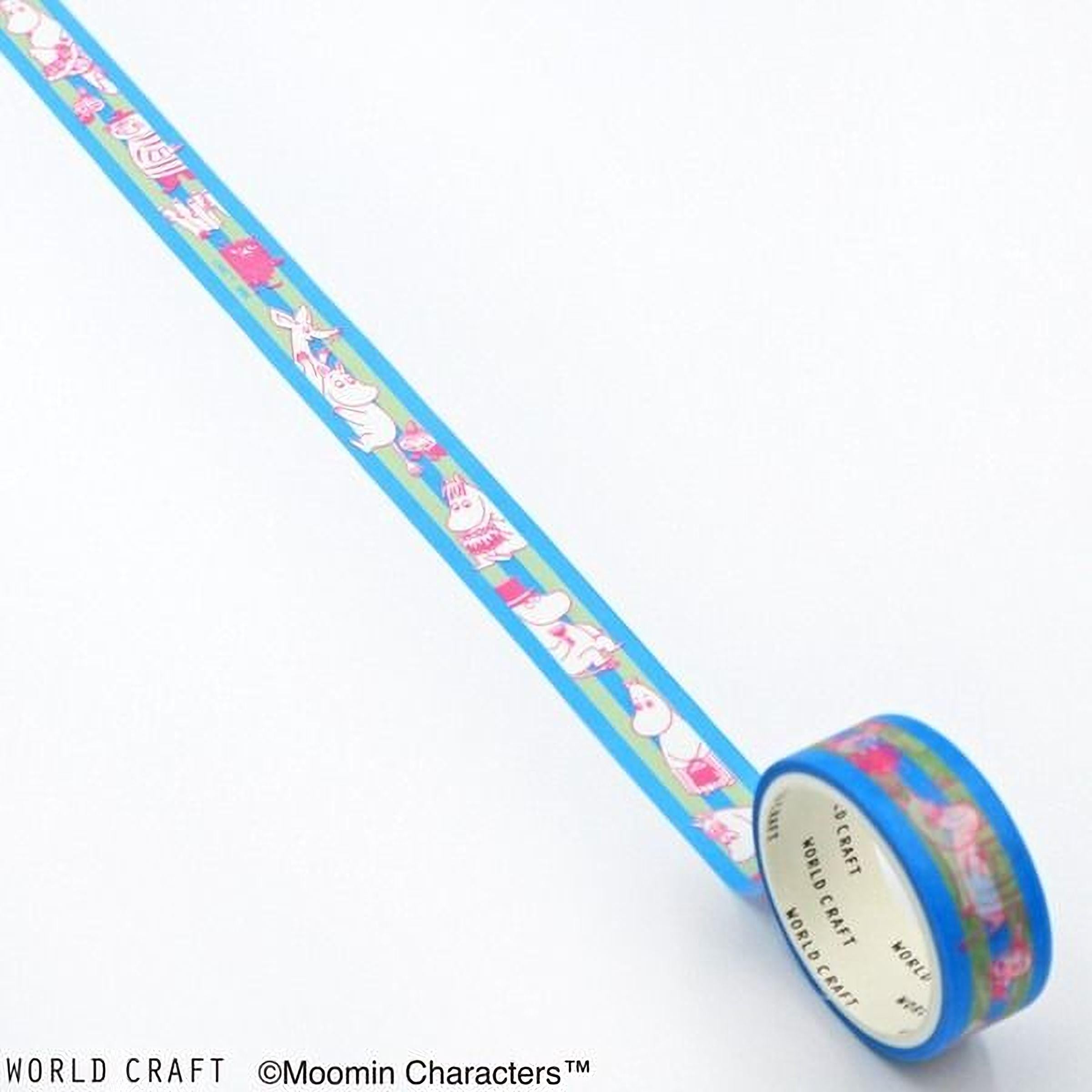 A roll of blue and green patterned tape with a repeating design of cartoon characters on it.