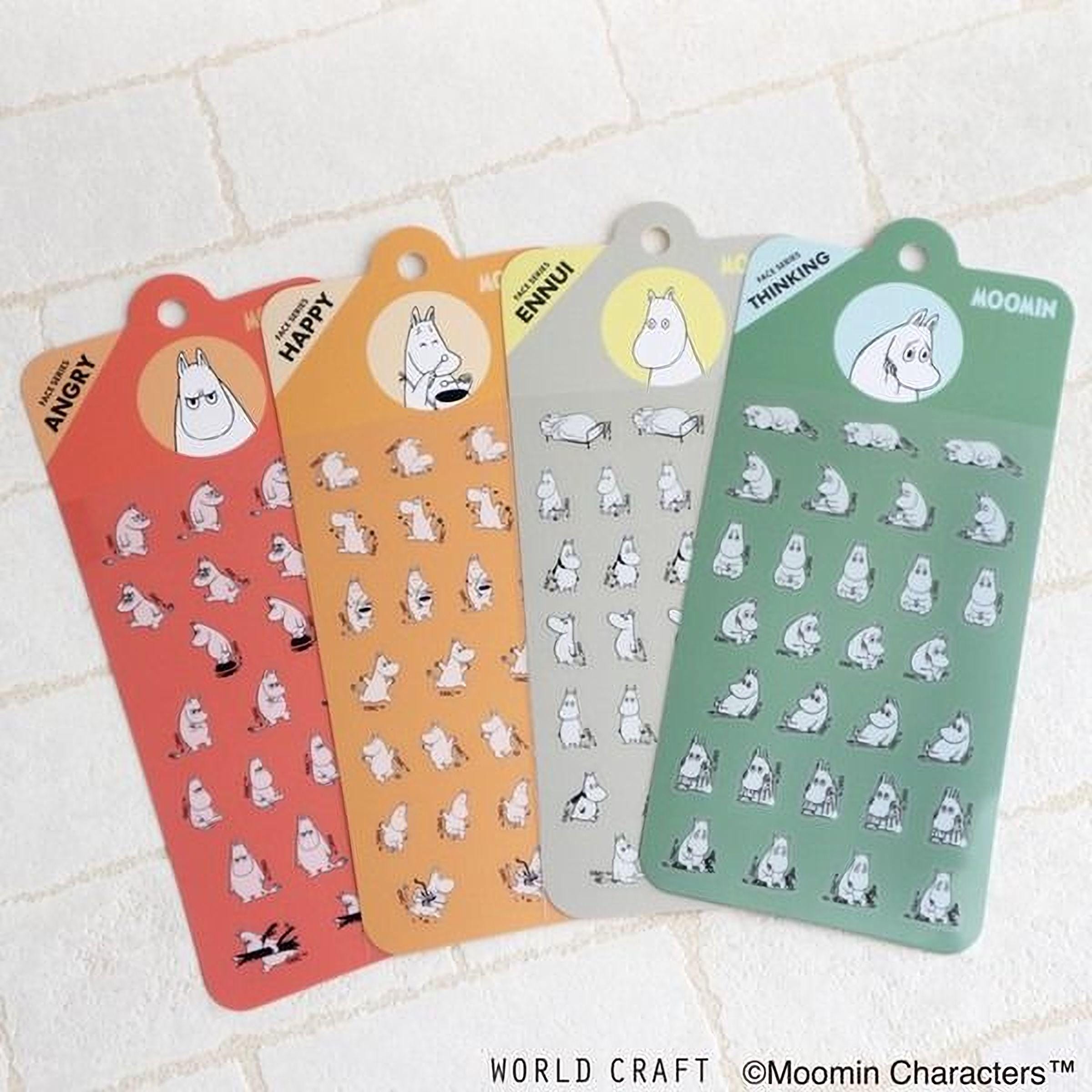 four colorful stickers featuring cartoon character illustrations, each with a different emotion or action depicted.