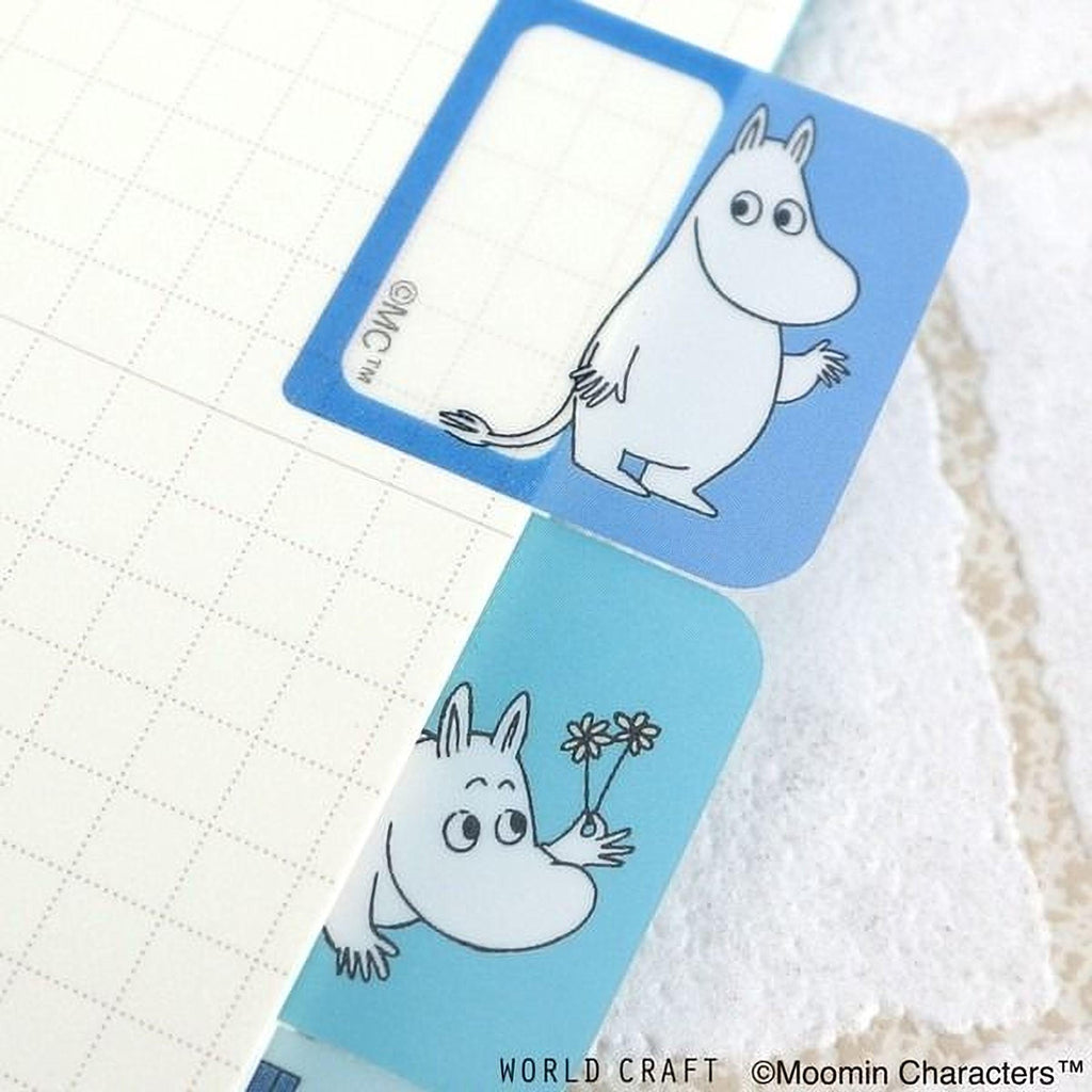 two blue and white stickers with cartoon-style illustrations of Moomin characters.
