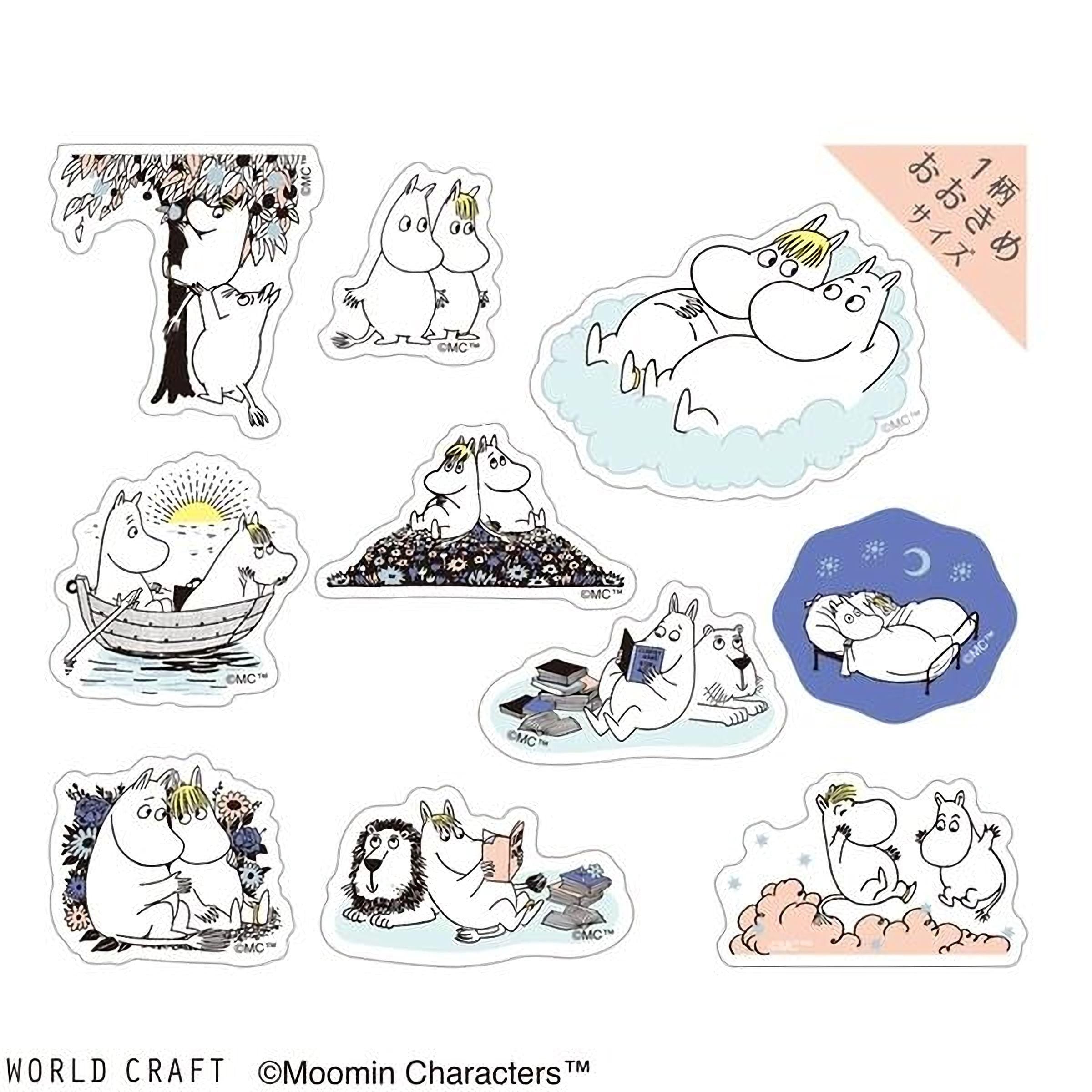 a collection of illustrated stickers depicting various Moomin characters engaged in different activities, such as sitting in a boat, reading, and sleeping.