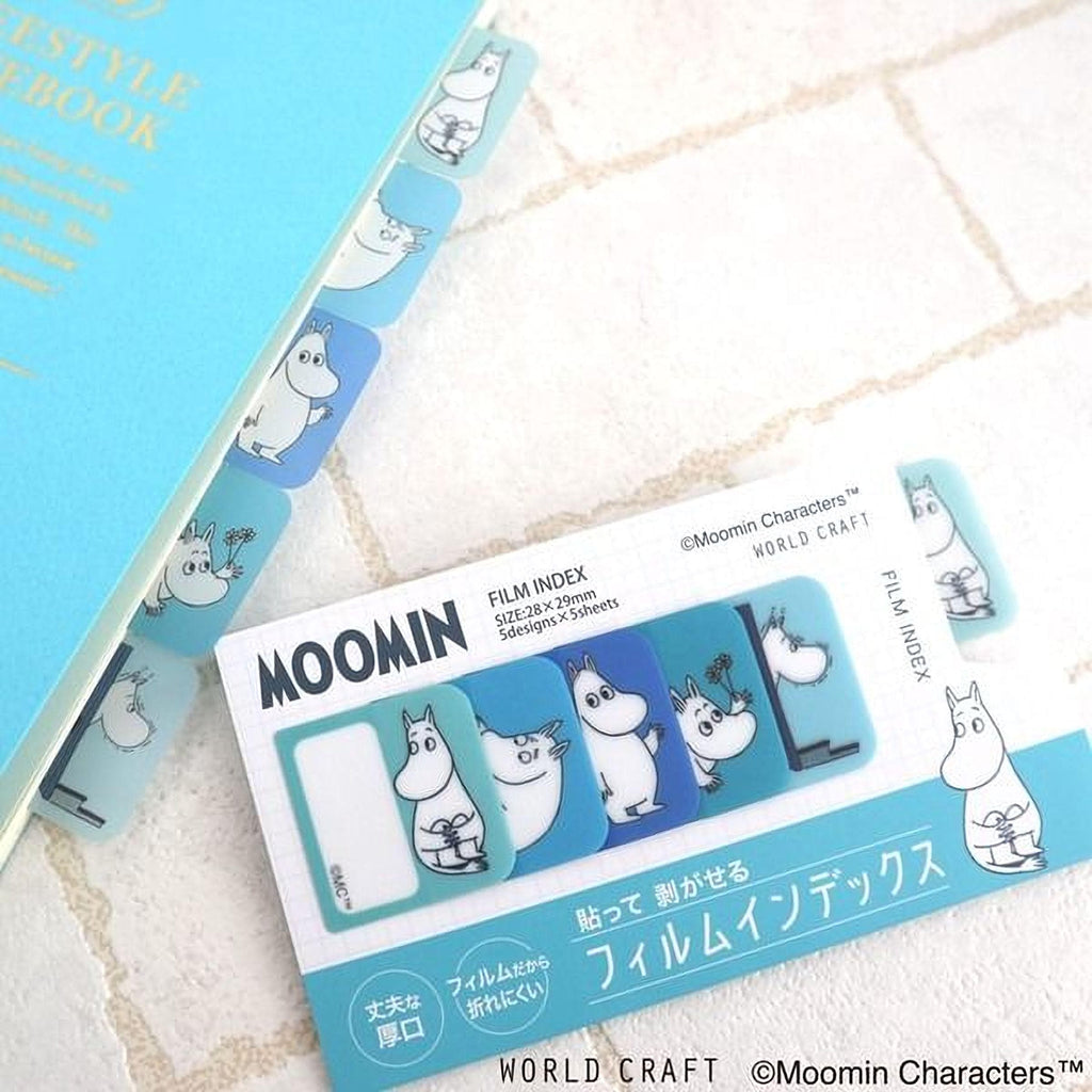 a blue book with a collection of Moomin character-themed stickers on its pages, as well as a blue and white film index card with the Moomin characters' film index.