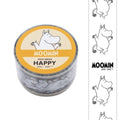 a circular container with a yellow and black label, depicting a cartoon character, and a repeating pattern of the same character on the side.
