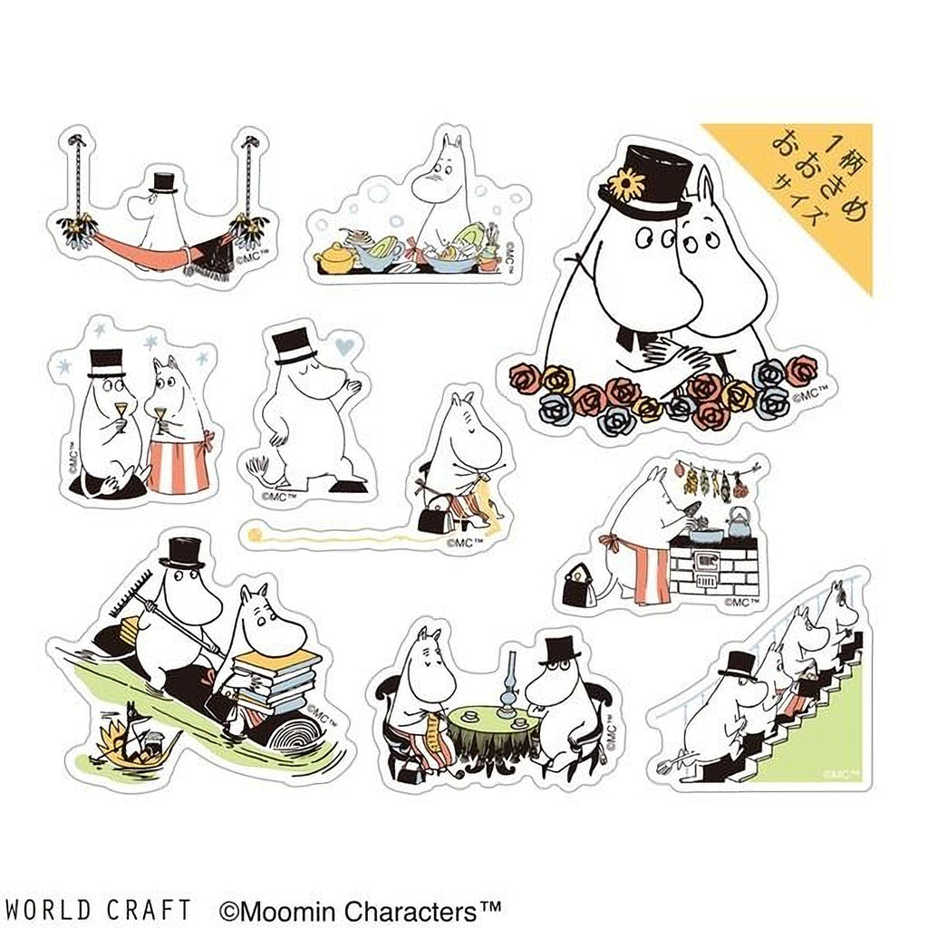 a collection of cartoon character stickers, including Moomin characters, arranged in a grid-like pattern.