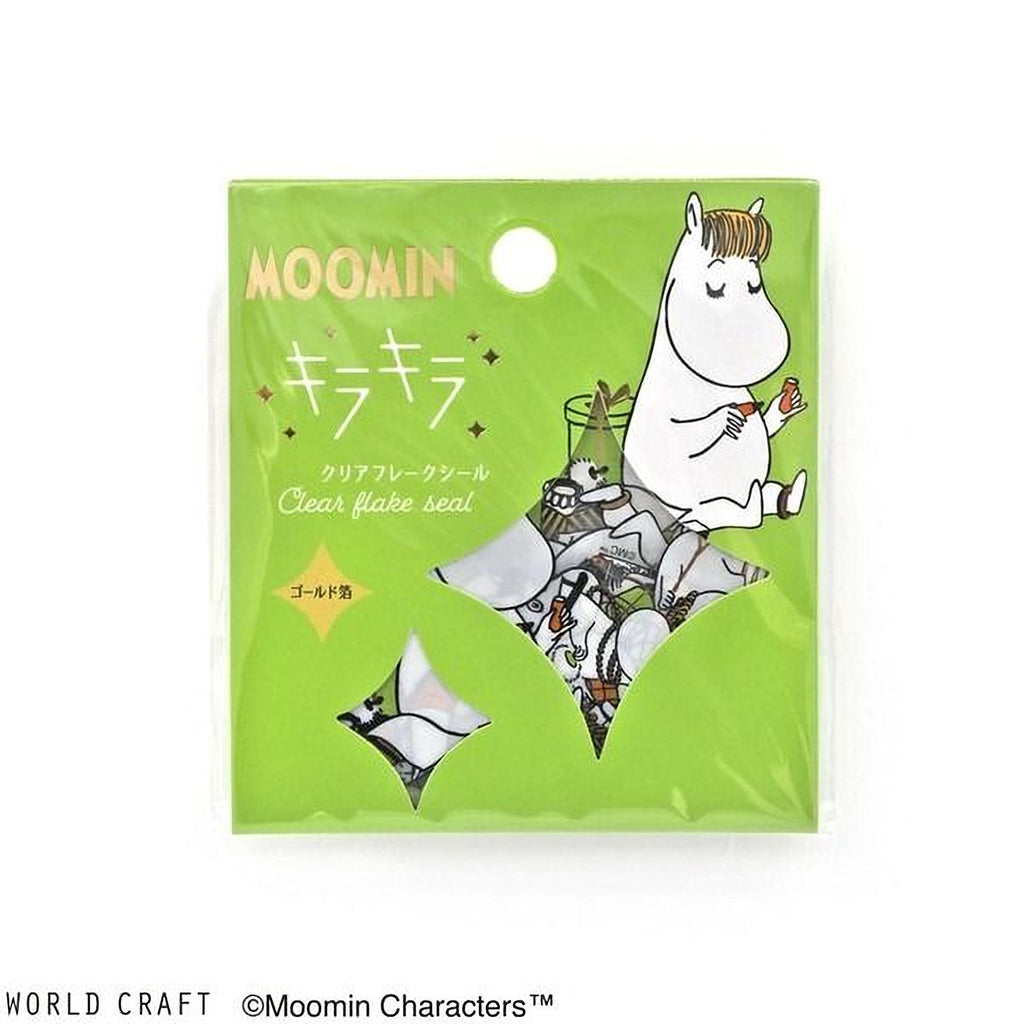 The image is a product packaging for Moomin characters, featuring a cartoon illustration of Moomin and a clear plastic bag with a green background.