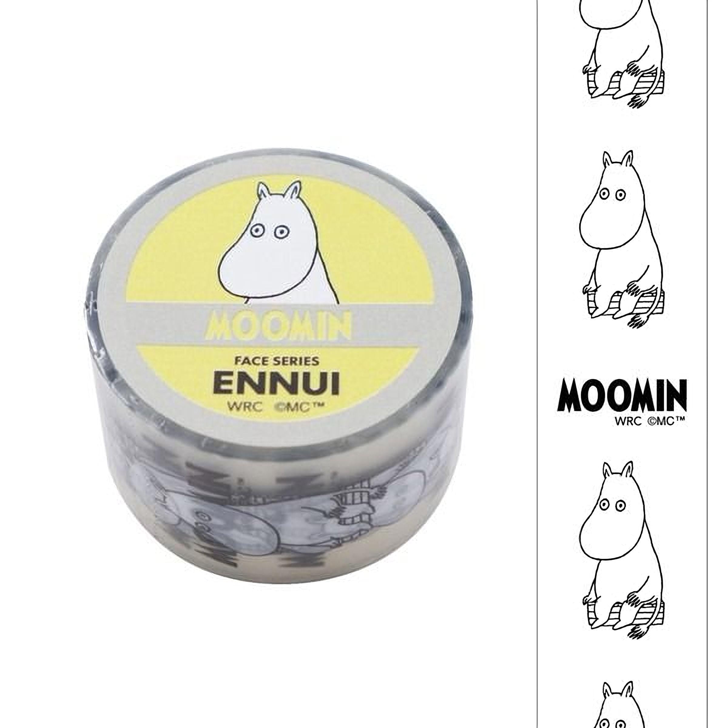 a circular container with a yellow label and a repeating pattern of Moomin characters.