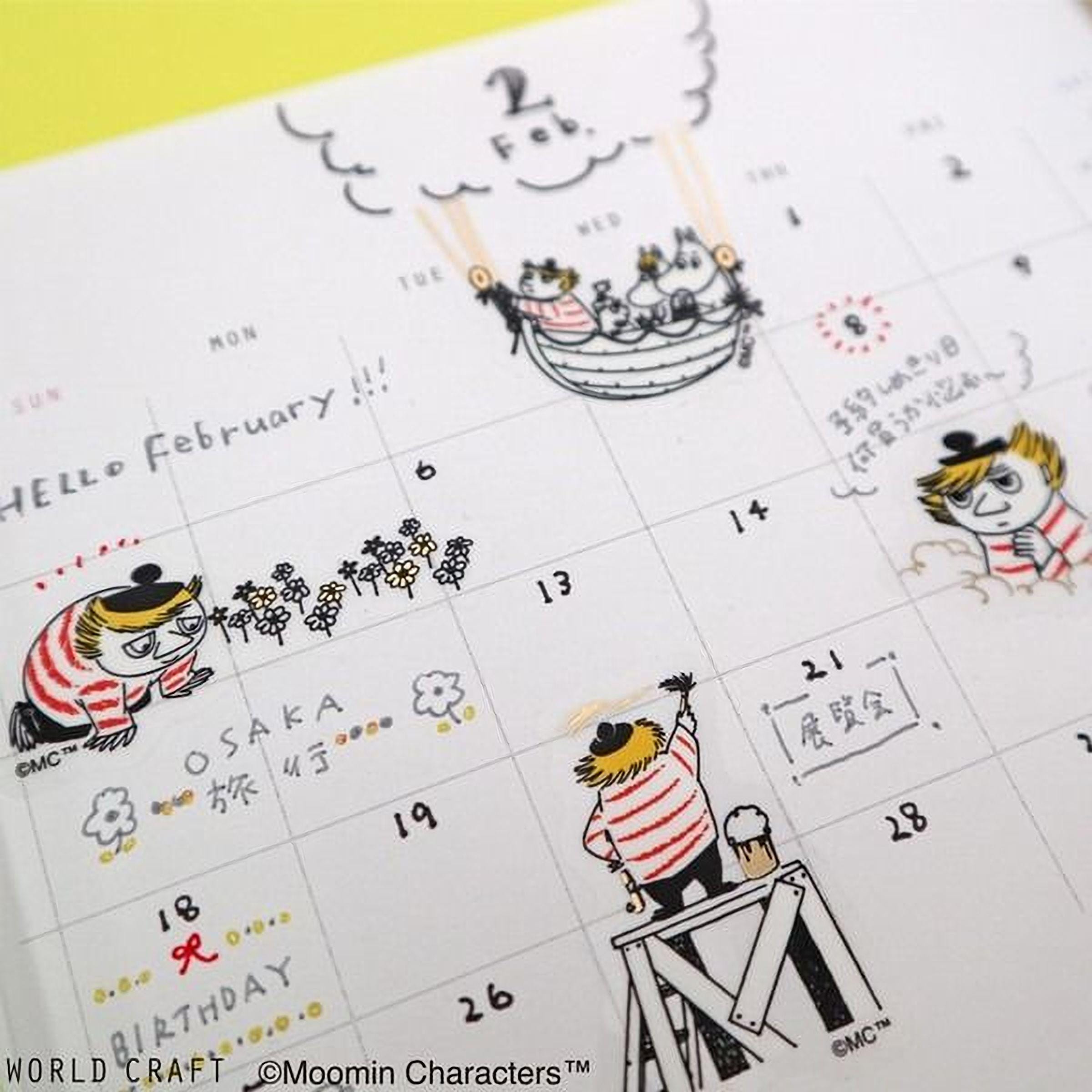 a calendar with various illustrations and text, including a character named "Osaak" and a character named "Moomin". The calendar appears to be a creative and personalized representation of a month, with illustrations of different characters and events.