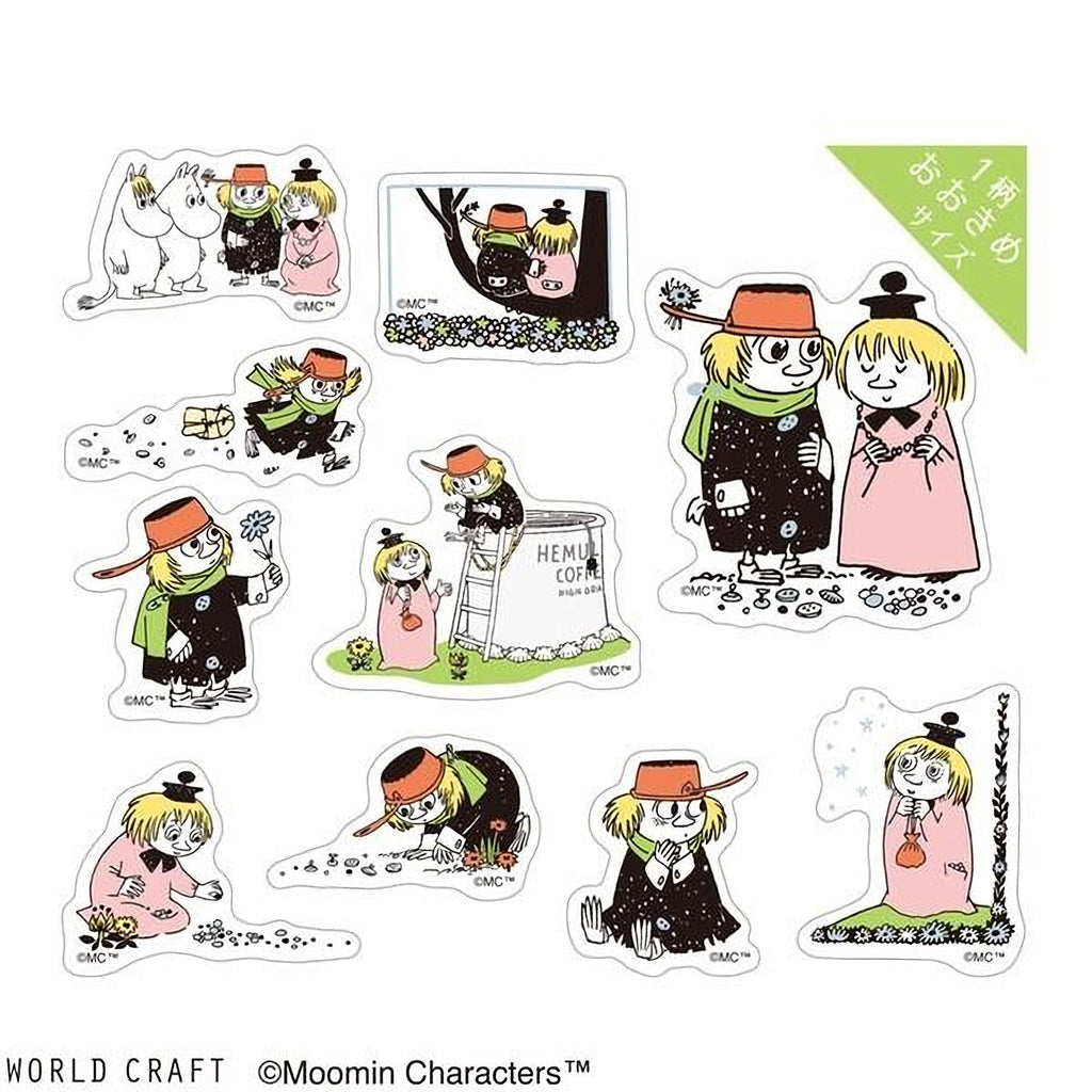 a collection of cartoon character stickers, each depicting a different scene or action. The stickers are arranged in a grid-like pattern, showcasing various elements of the Moomin characters. The stickers include characters such as Moomin, Hemi, and other Moomin-inspired figures, as well as elements like flowers, trees, and other natural elements. The stickers are designed to be visually appealing and engaging, capturing the essence of the Moomin characters and their adventures.