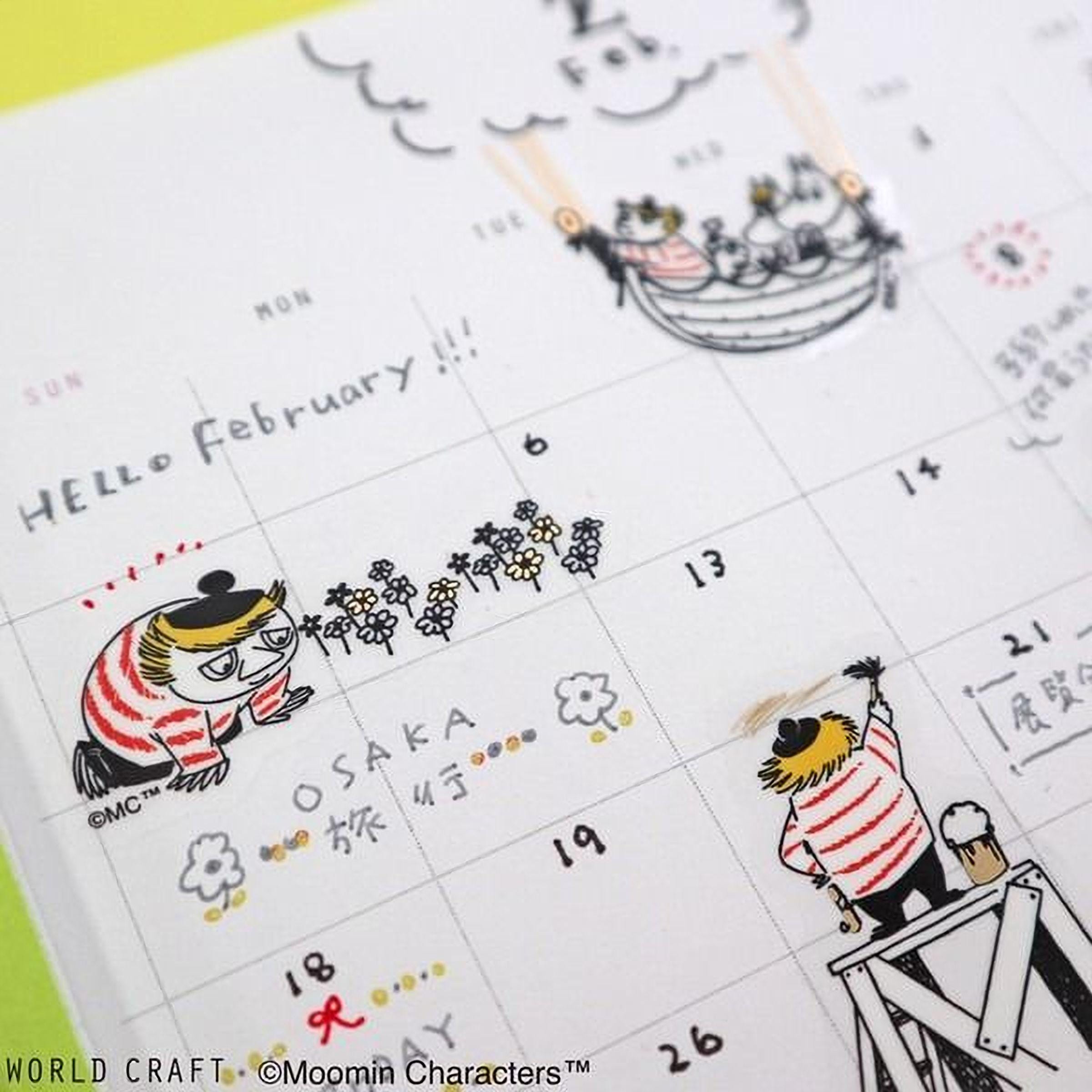 a calendar with various illustrations and text, including a character named "Osaak" and a character named "Hello February!" The calendar also includes a drawing of a character on a ladder and a drawing of a character on a boat. The calendar appears to be a creative and personalized representation of the month of February.