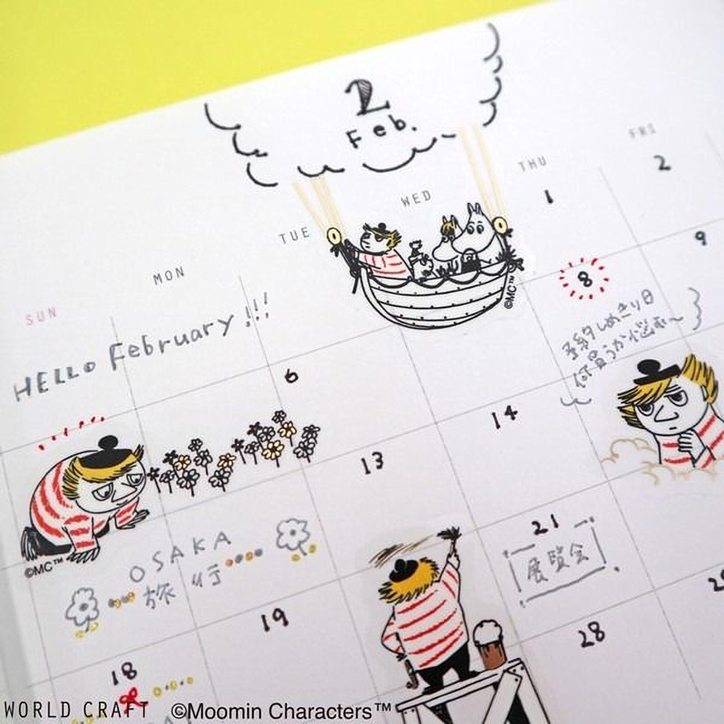 a calendar with various illustrations and text, including a cloud with the number "2" and a character in a boat. The calendar also includes illustrations of people and locations, such as "OSAKA" and "MON".