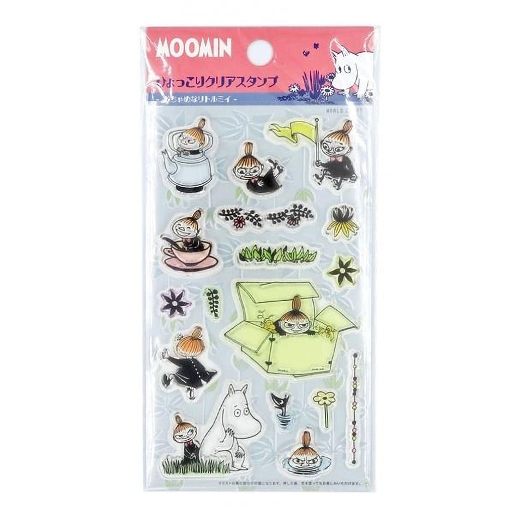 a collection of cartoon-style stickers featuring various Moomin characters and objects, such as a teapot, cup, flowers, and a box.