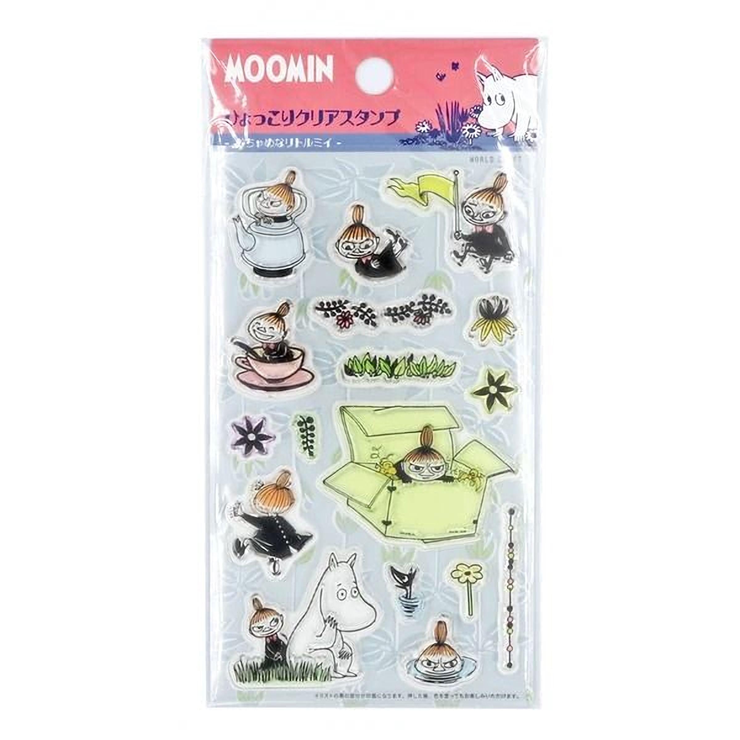 a collection of cartoon-style stickers featuring various Moomin characters and objects, such as a teapot, cup, flowers, and a box.