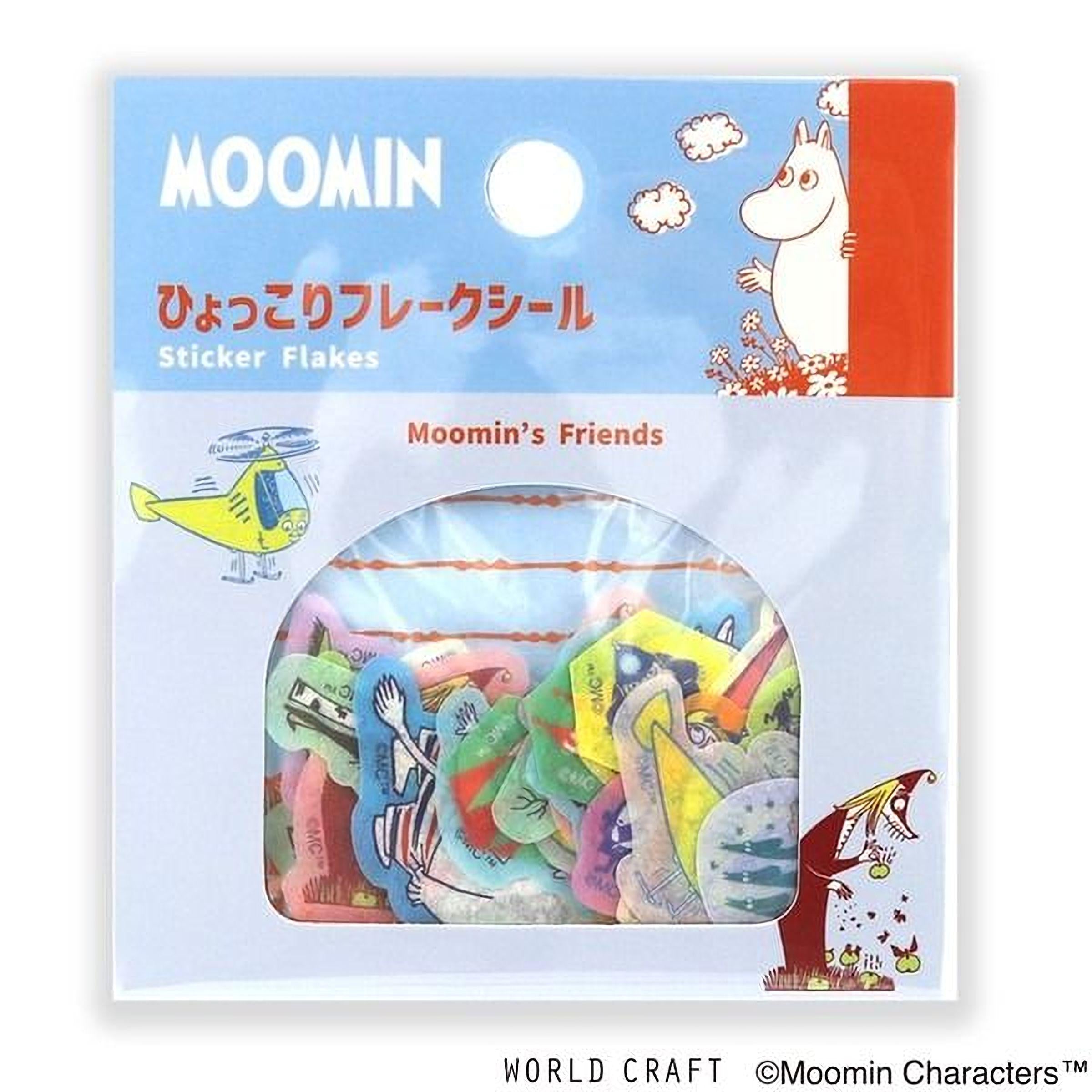 The image is a package of Moomin's Sticker Flakes featuring various colorful characters from the Moomin characters.