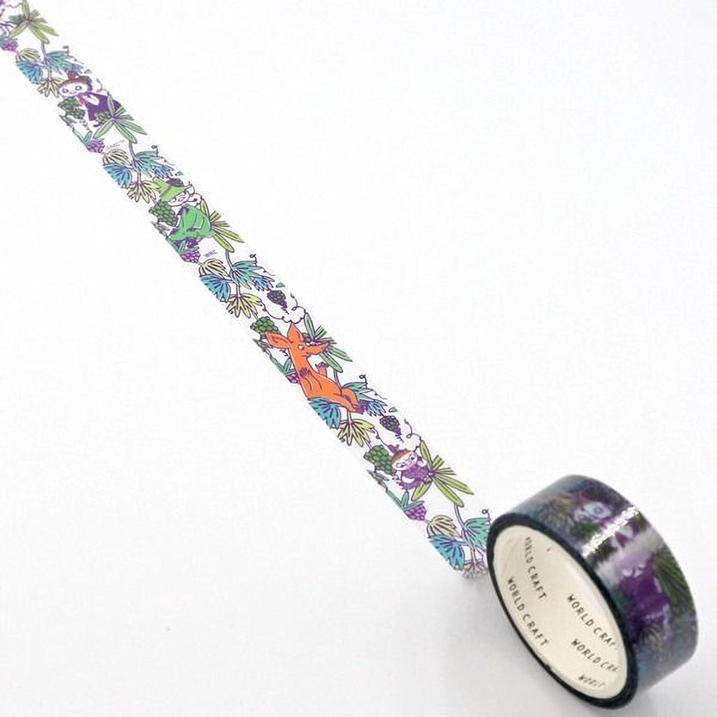 A roll of colorful patterned tape with a design of various animals and plants, including a kangaroo, on a white background.
