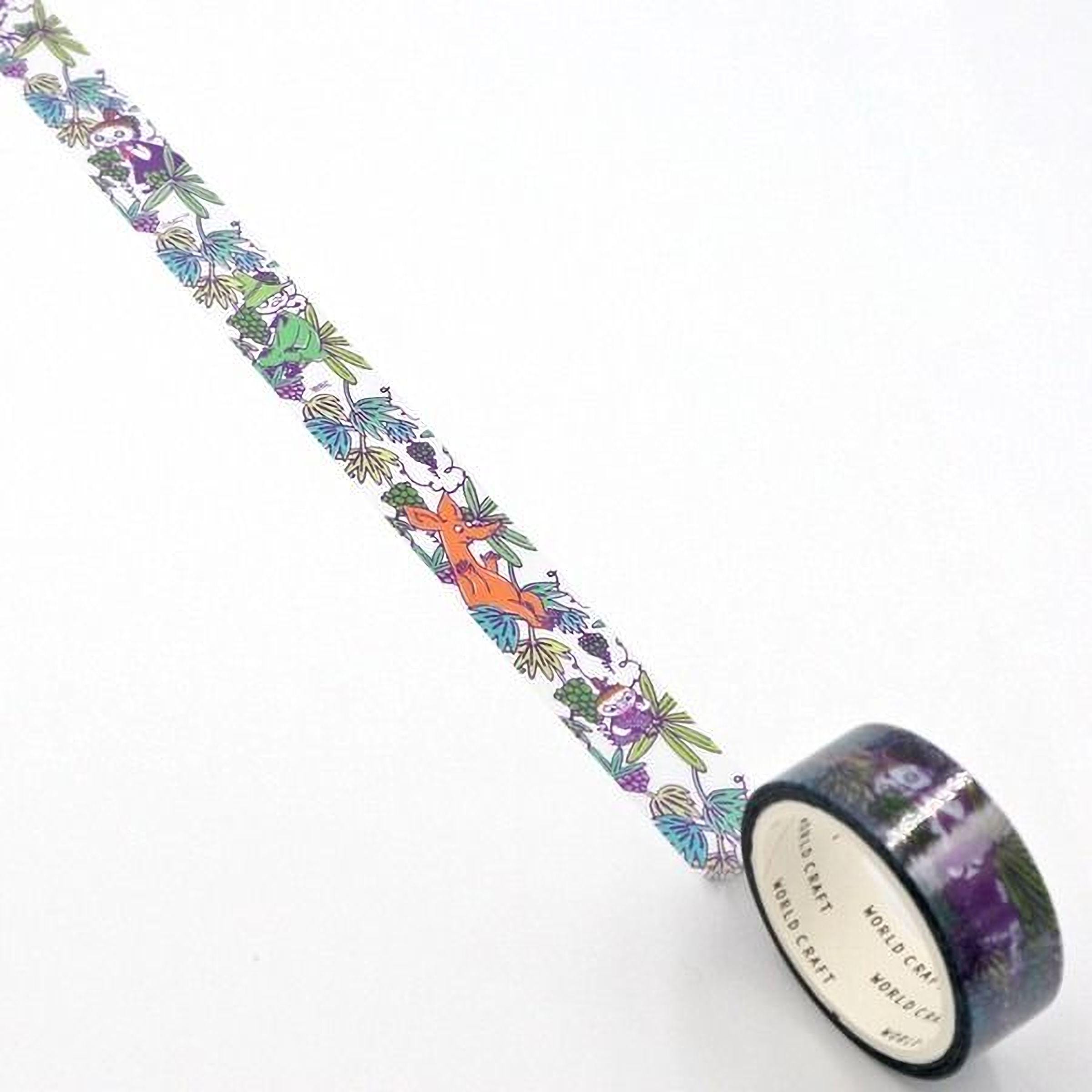 A roll of colorful patterned tape with a design of various animals and plants, including a kangaroo, on a white background.