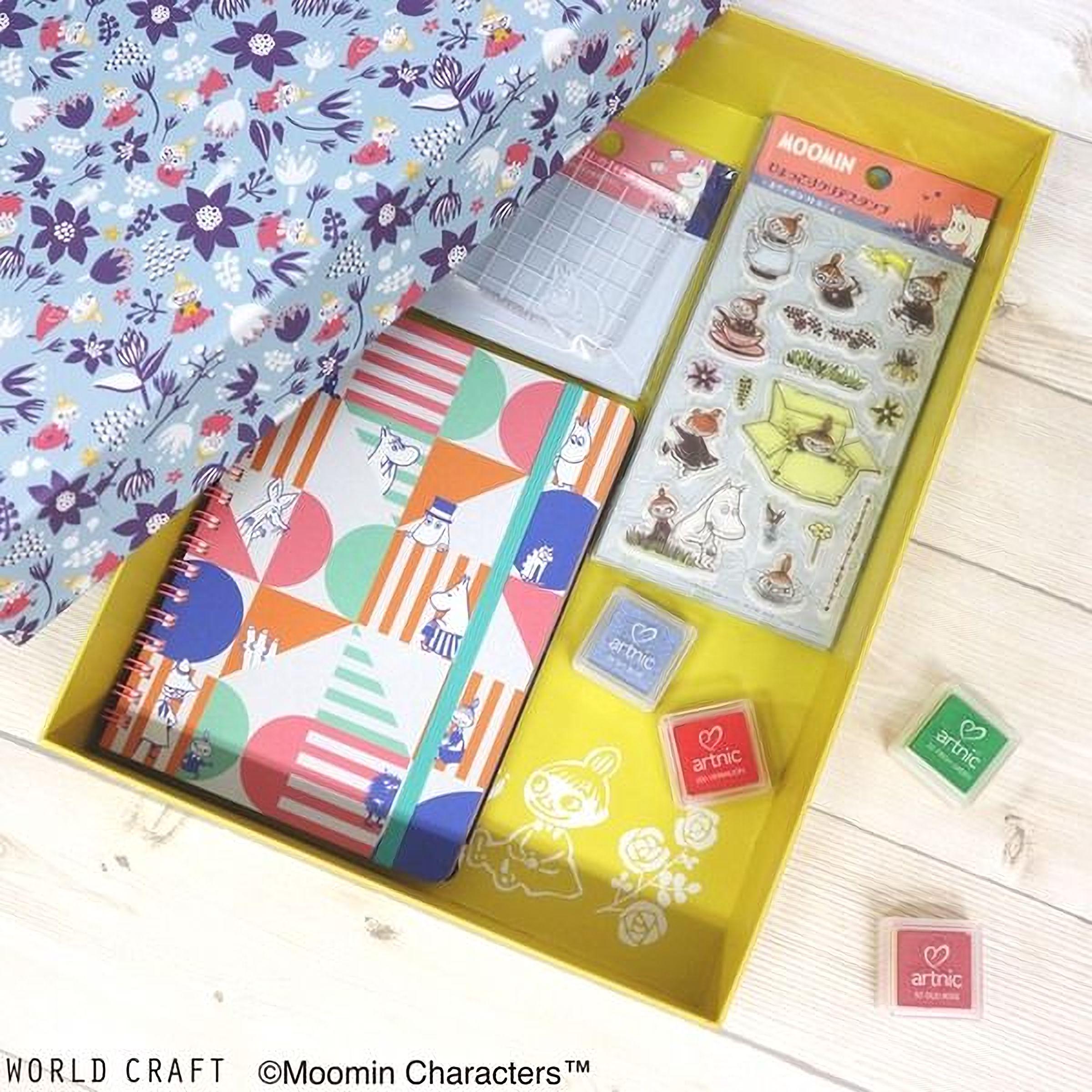 A yellow box containing various craft supplies, including a notebook, stickers, and markers, along with a blue and white patterned fabric.