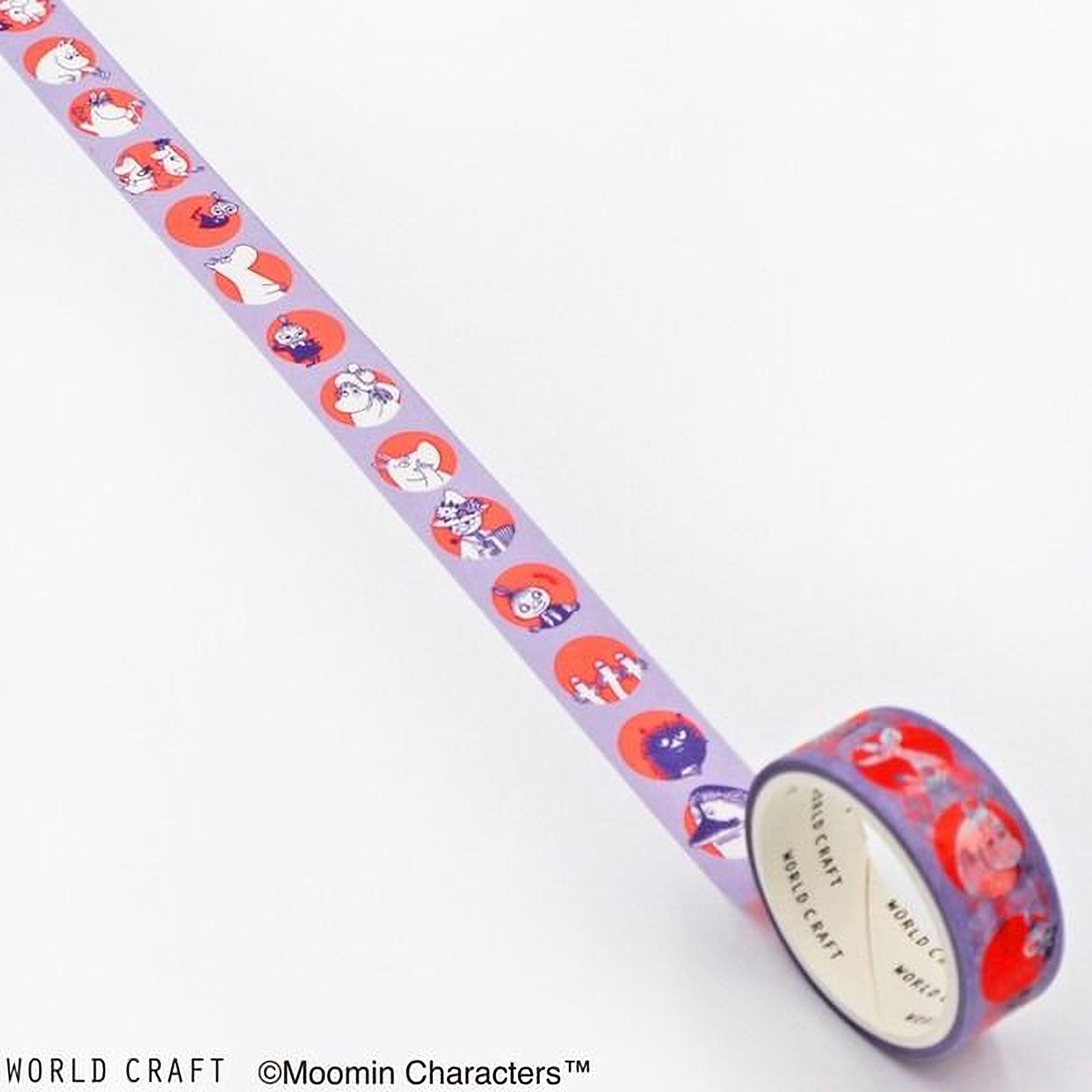 A roll of purple and red Moomin characters tape is shown against a white background.