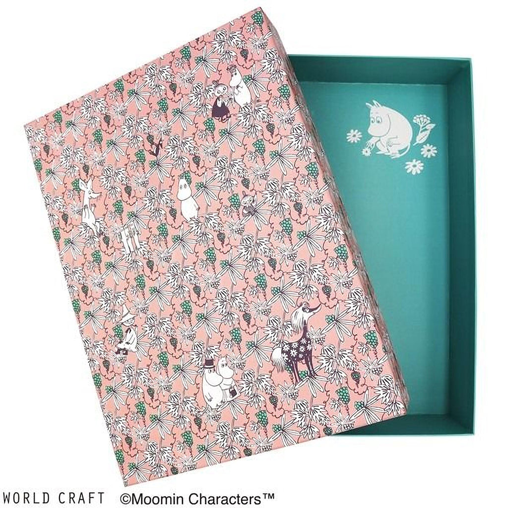 a pink box with a floral pattern and a teal lid, both adorned with illustrations of Moomin characters.