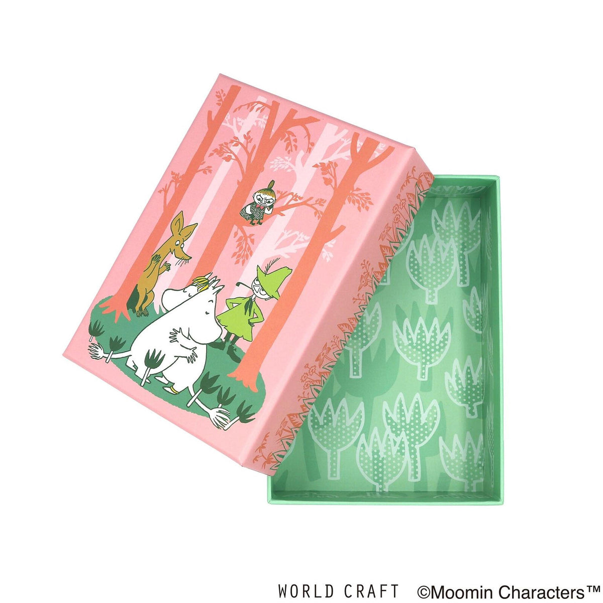 a pink box with a cartoon illustration of a forest scene, including a kangaroo, a bird, and a mouse. The box is open, revealing a green box inside with a similar pattern.