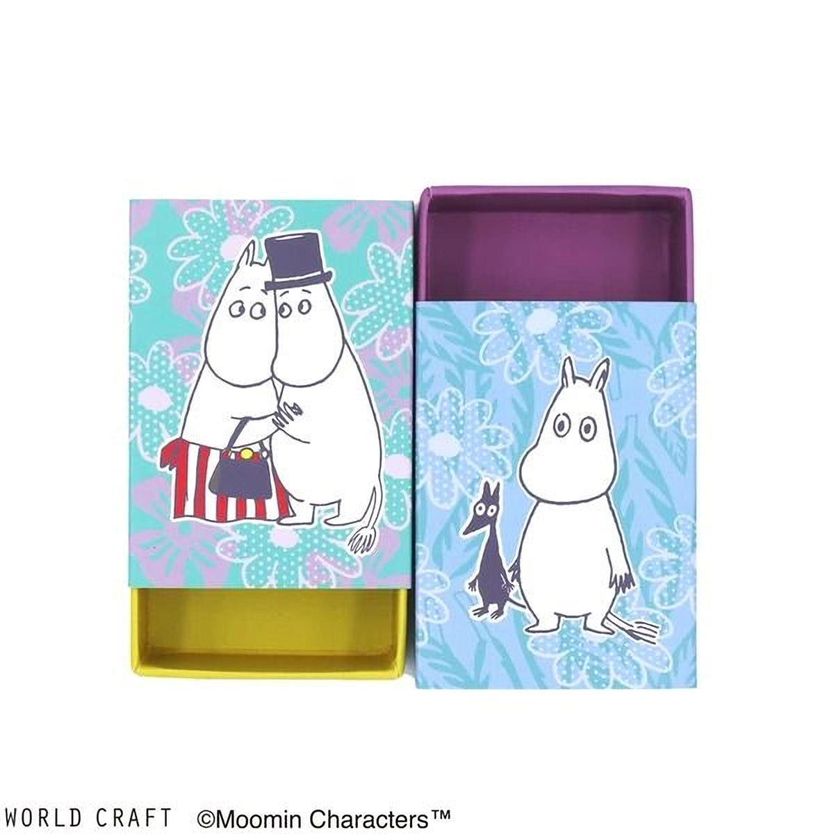 two boxes with illustrations of Moomin characters, one with a yellow interior and the other with a purple interior.